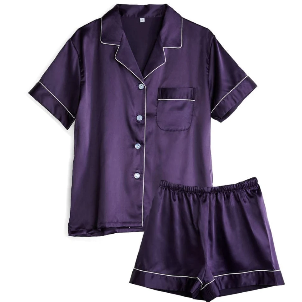 Pijama De Mujer Manga Corta,Botones De Solapa Morados Pijama De Manga Corta De Verano Para Mujer Conjunto De 2 Piezas Pijamas Suaves Y Cómodos Para Mujer Ropa De Descanso Regalo Del Día De La Madr