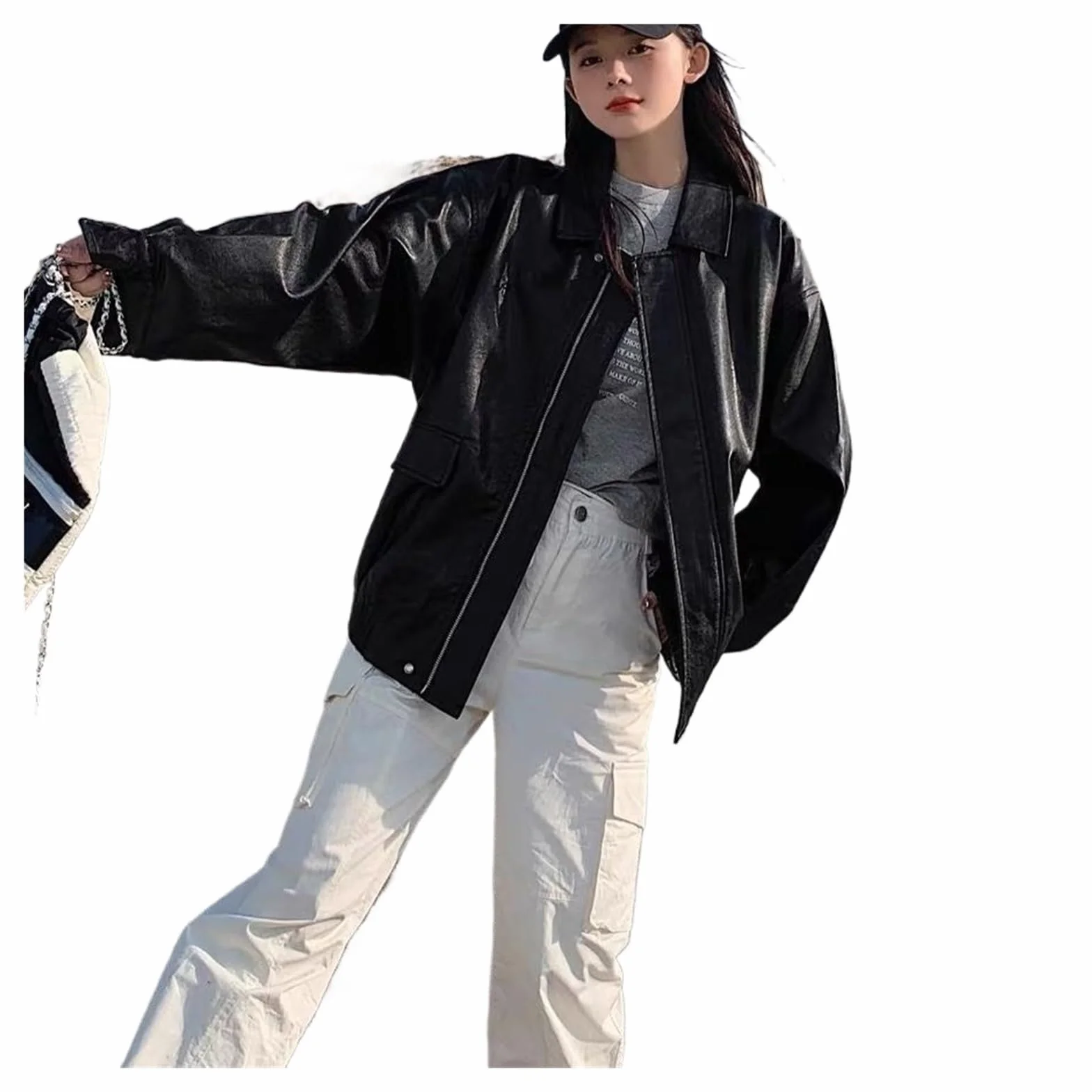 Chaqueta Cuero Mujer Women's Spring Autumn High Loose American Retro Motorcycle Top Para salir