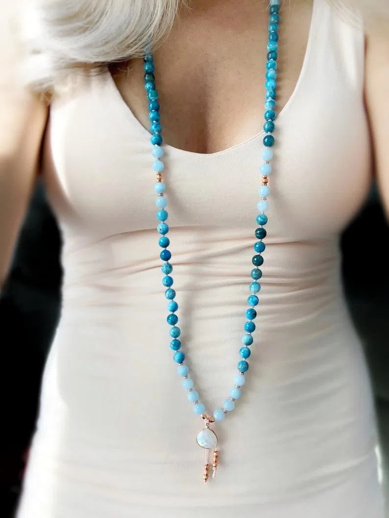 Cuentas Mala de piedra lunar y aguamarina de apatita, collar de 108 mala, nudo mala, collar WWG, joyería de yoga, cuentas de meditación, joyería espiritual, joyería bohemia, 34inch,