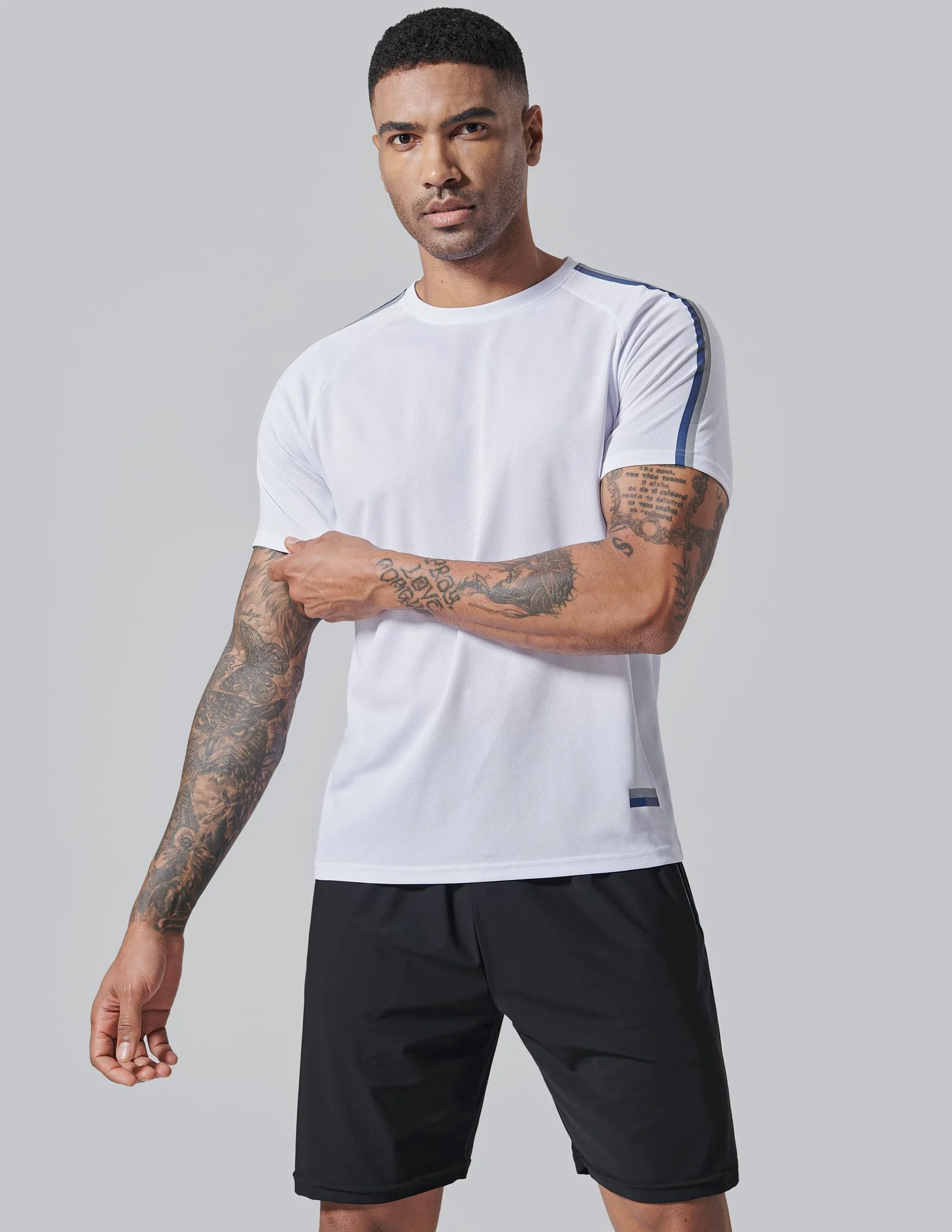 Pack de 5 camisetas de cuello redondo y manga corta para hombre, de secado rápido, para correr, gimnasio o entrenamiento, Blanco, Large
