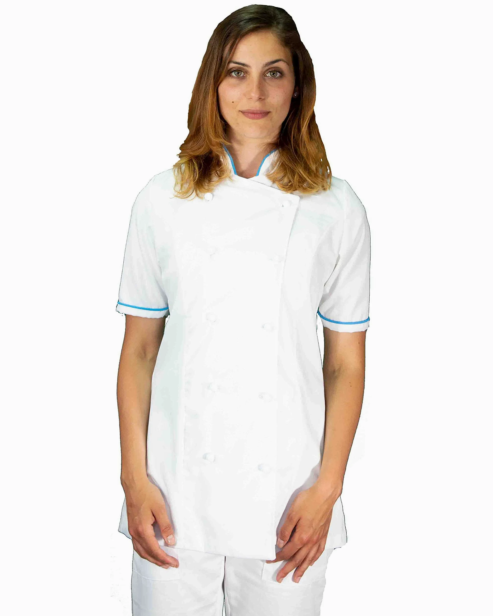 Bordado gratuito – Conjunto de cocinero de mujer blanco y cian – Uniforme Chef personalizable M/C – Chaqueta, pantalones y delantal – Uniforme para cocina y restaurante – Fabricado en