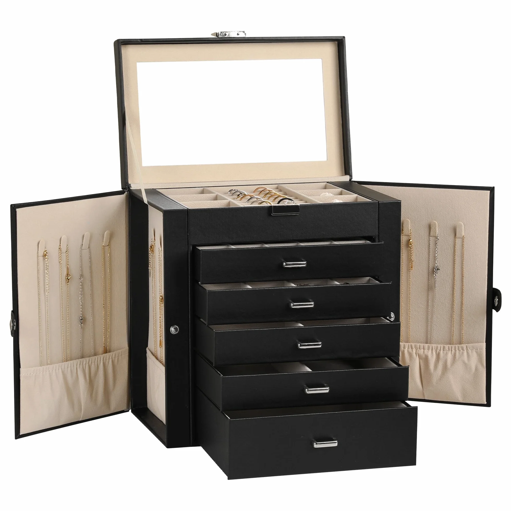 Frebeauty Caja de joyería grande 6 niveles cuero sintético con cerradura espejo organizador joyas Negro