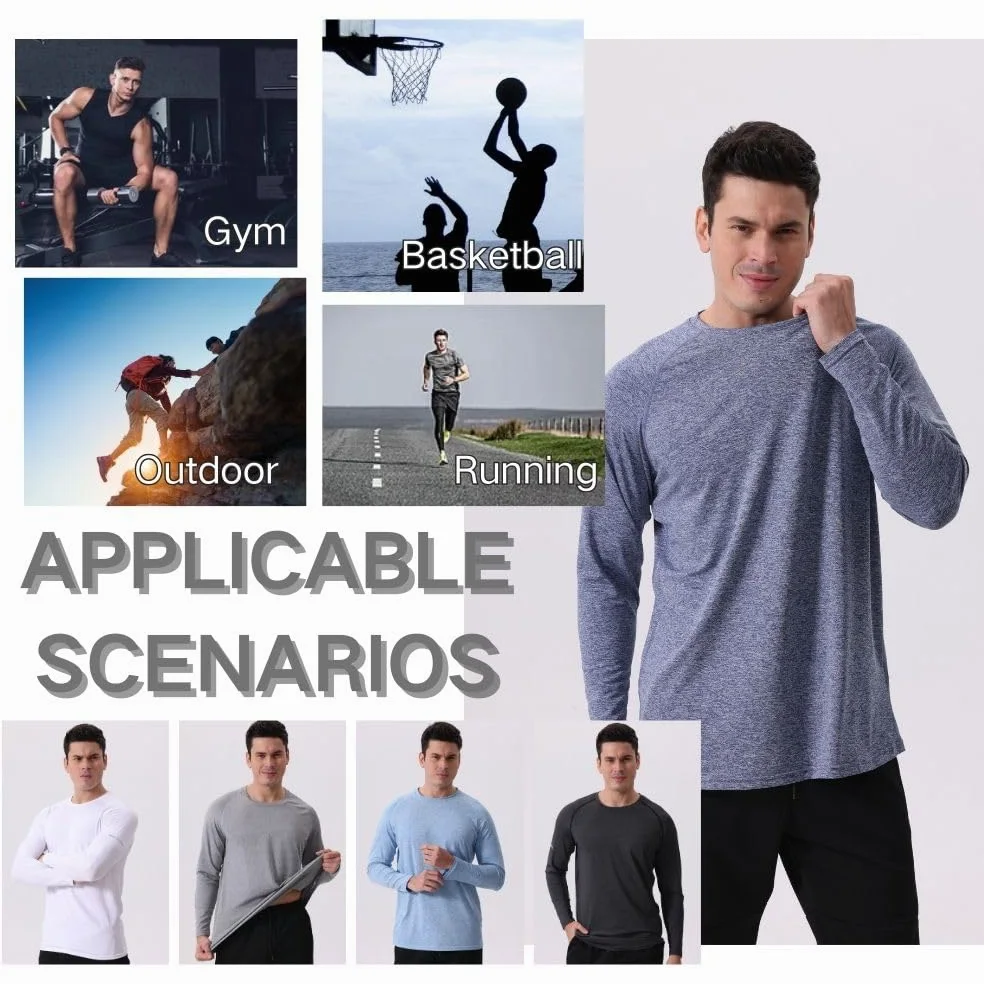 Camisas deportivas transpirables de manga larga, con cuello redondo, para hombre, 5 unidades