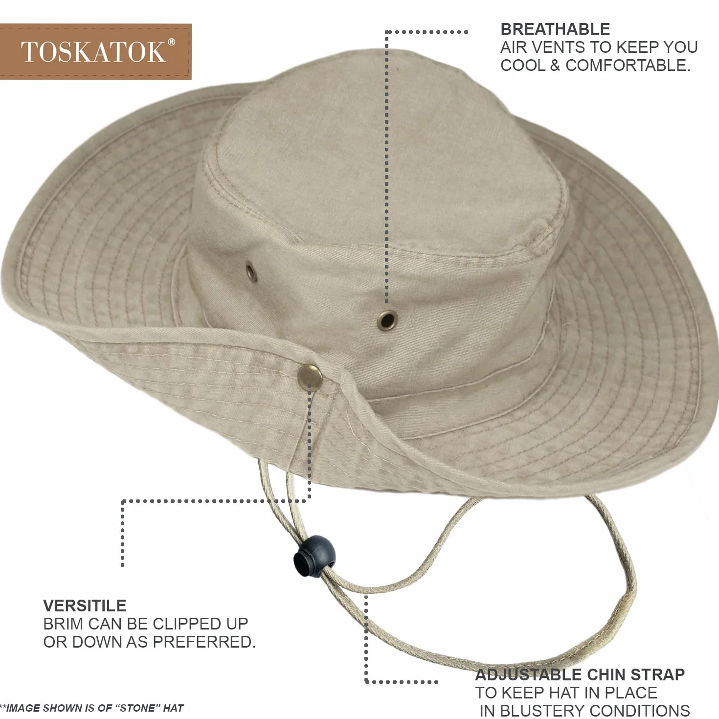 TOSKATOK UPF 50 + Boys Kids Safari Outback Sombrero de protección Solar de algodón Estilo Australiano con ala Ancha, Correa de Barbilla Desmontable, Botones Laterales y Rejillas de ventilación