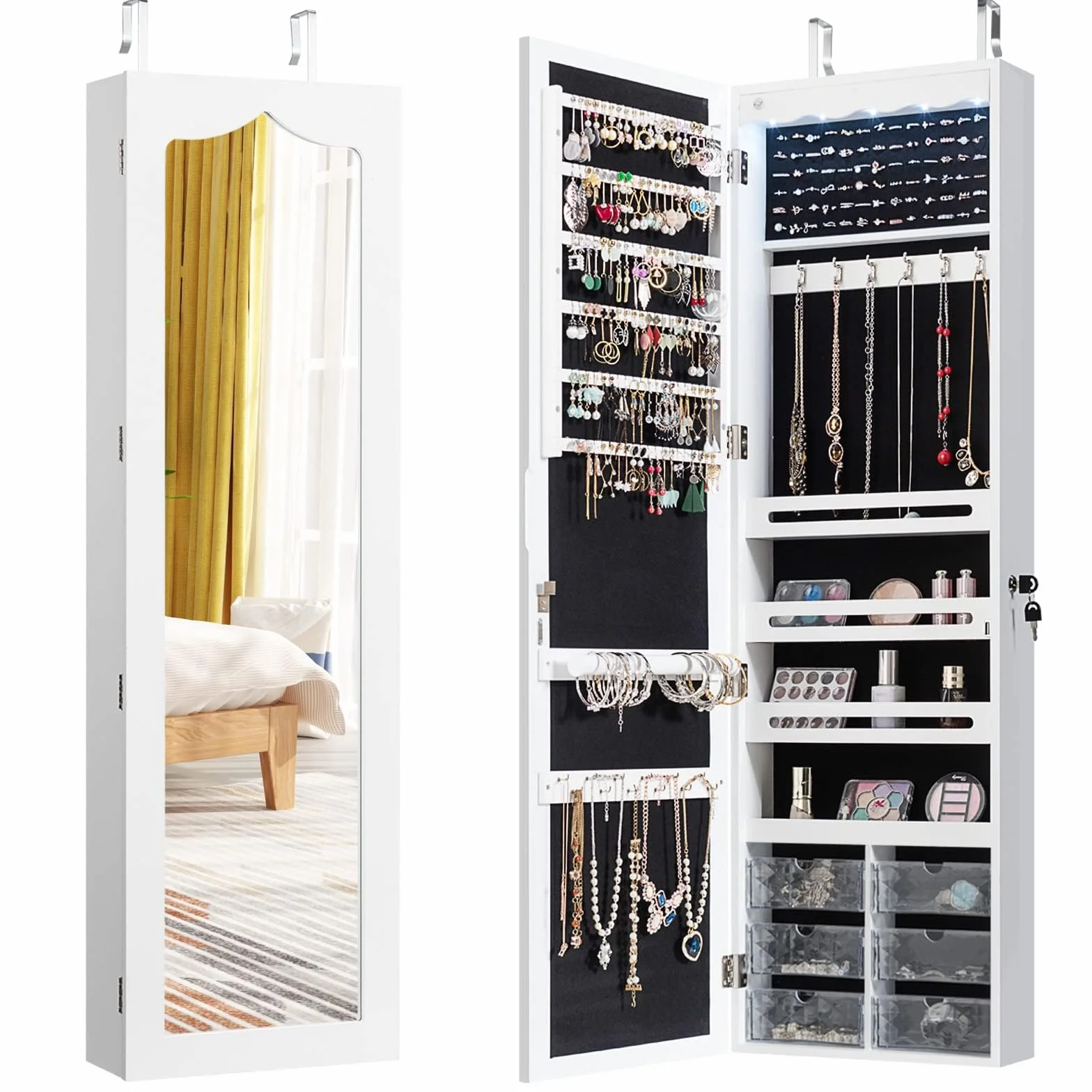 FANTASK Armario colgante para joyas con iluminación LED, espejo y 6 cajones, armario colgante para puerta y pared, armario para joyas y cosméticos, color blanco