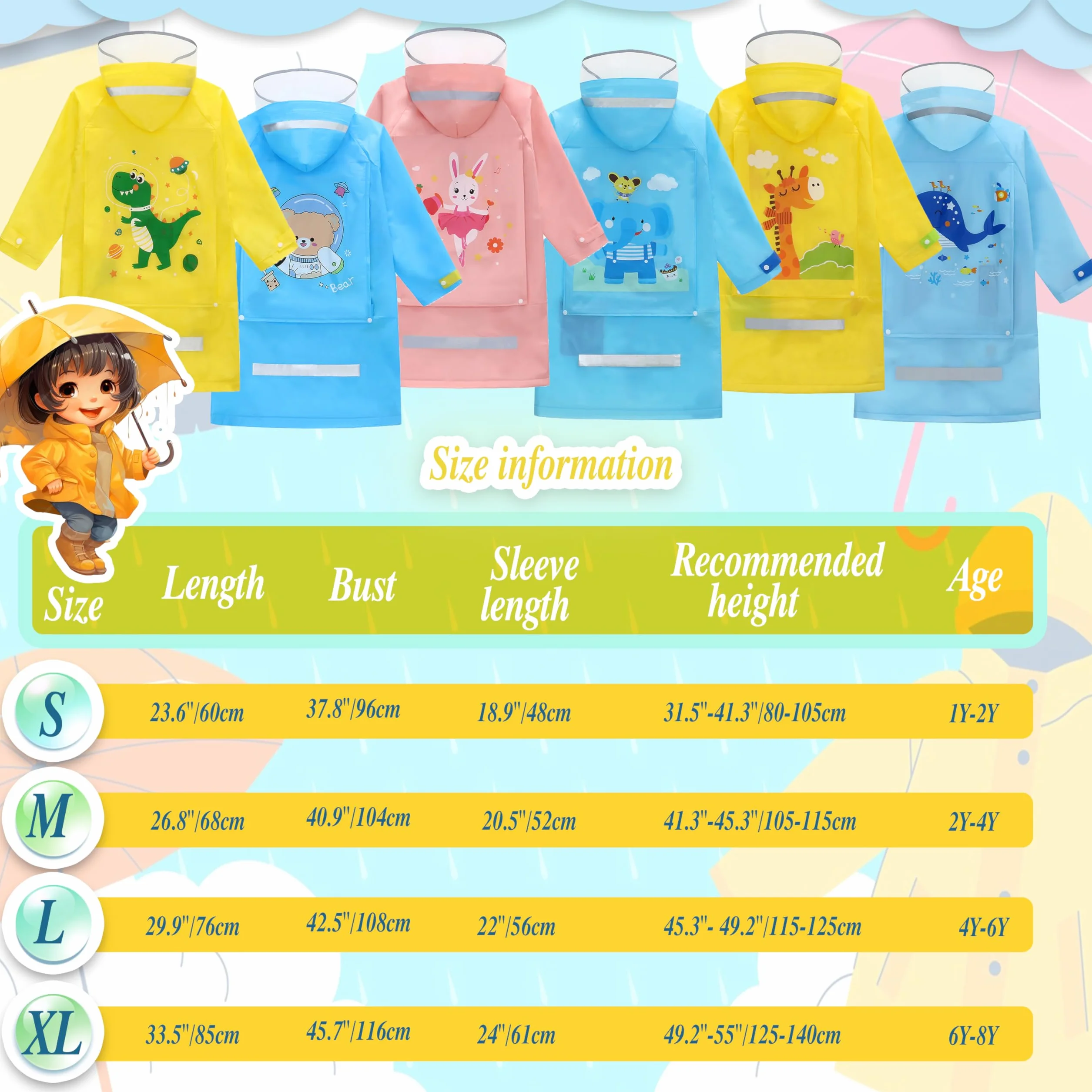Chubasquero Ligero Niños Niñas, Impermeable EVA Poncho de Lluvia Reutilizable con Funda para Mochila de Dibujos Animados, Deportivo, Unisex, 1-12 Años, S M L XL