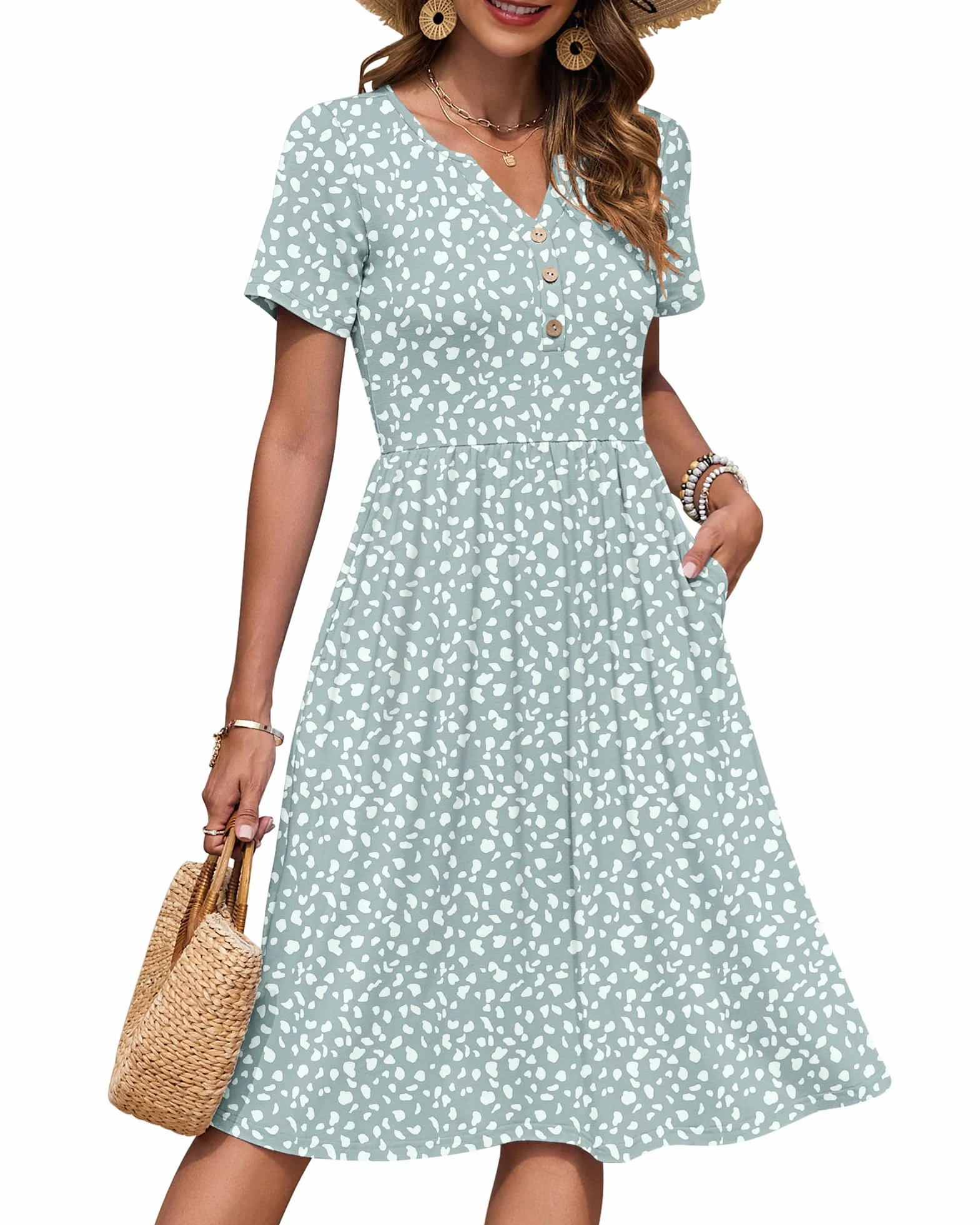 AUSELILY Vestido Verano Manga Corta Mujer Largo Rodilla Cuello V Plisado Bolsillos