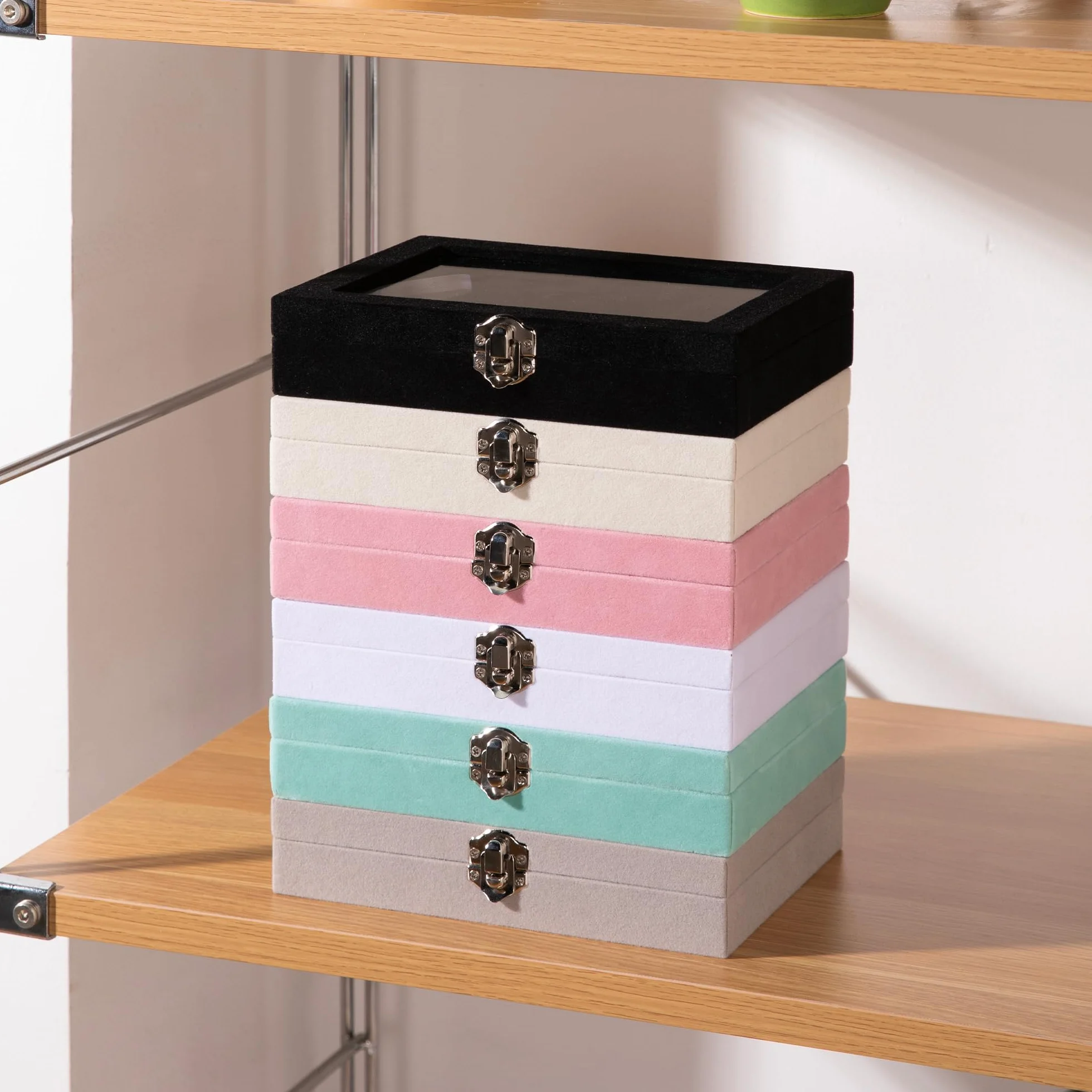 Frebeauty Bandeja de joyería 24 rejillas organizador de aretes terciopelo caja joyas con tapa transparente cerradura