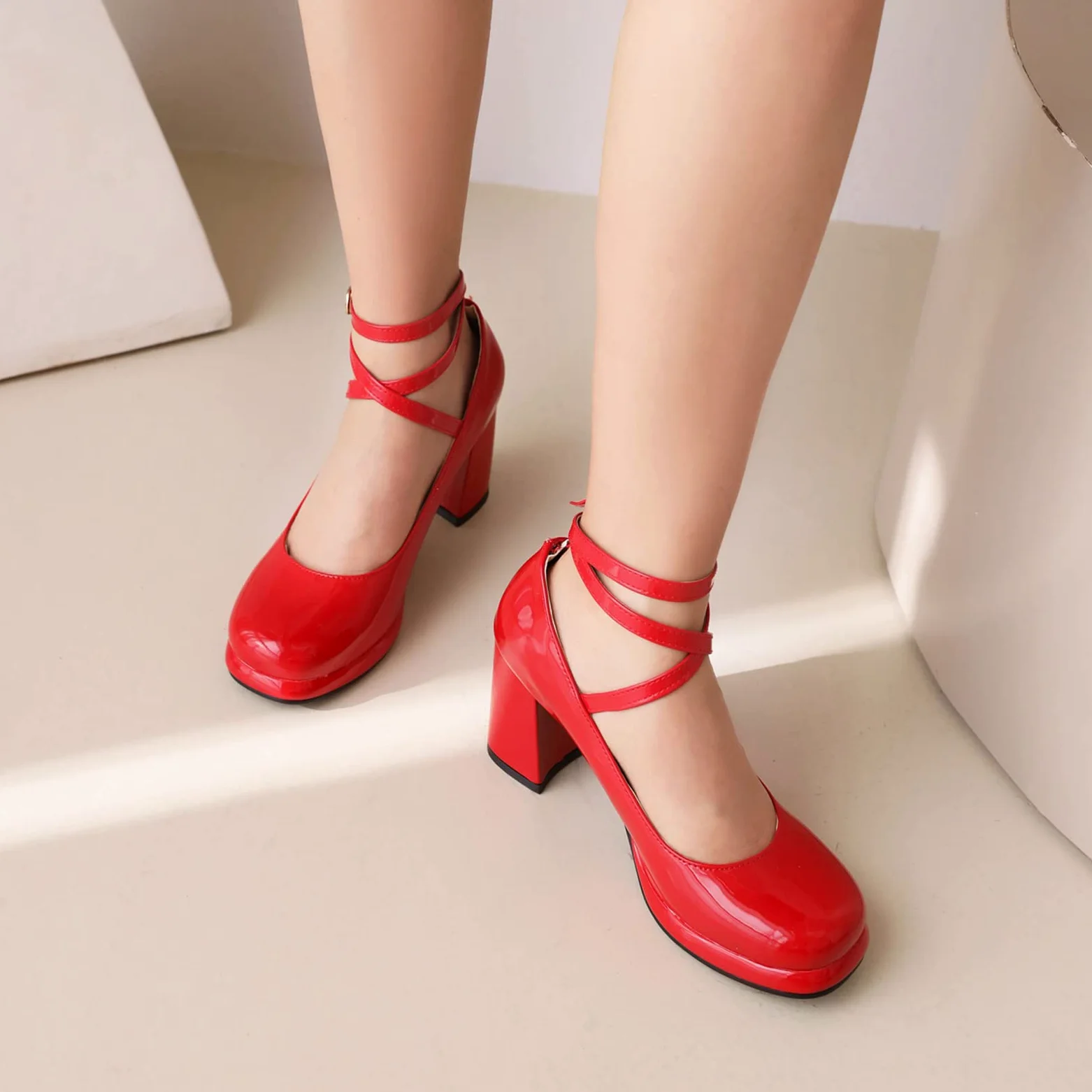 Lizoleor Zapatos Merceditas Mujer Tacon Ancho Punta Redonda Correa Tobillo Charol