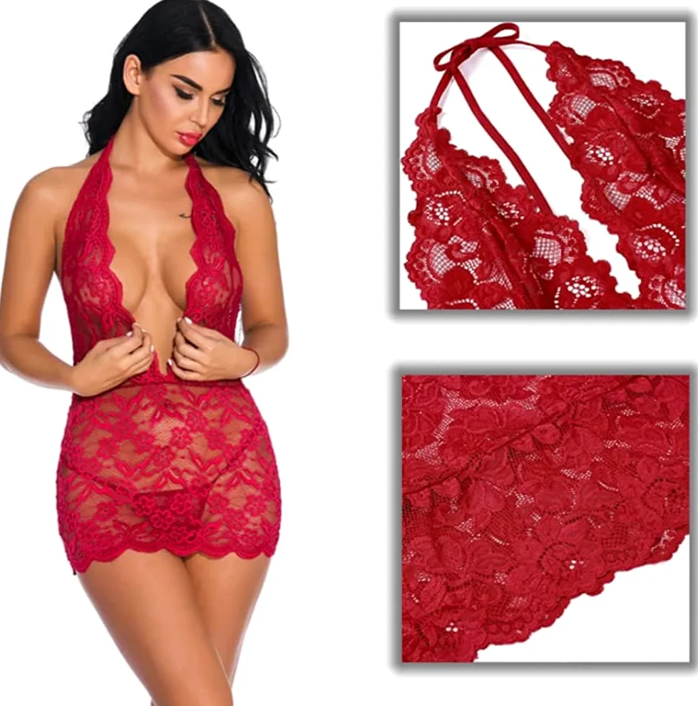 QHQQXN Lencería de Encaje Camisón de Malla Transparente Camisón con Cuello en V Profundo Camisón Halter Vestido sin Espalda Body con Tanga para Damas Pijama Ropa de Dormir Nupcial