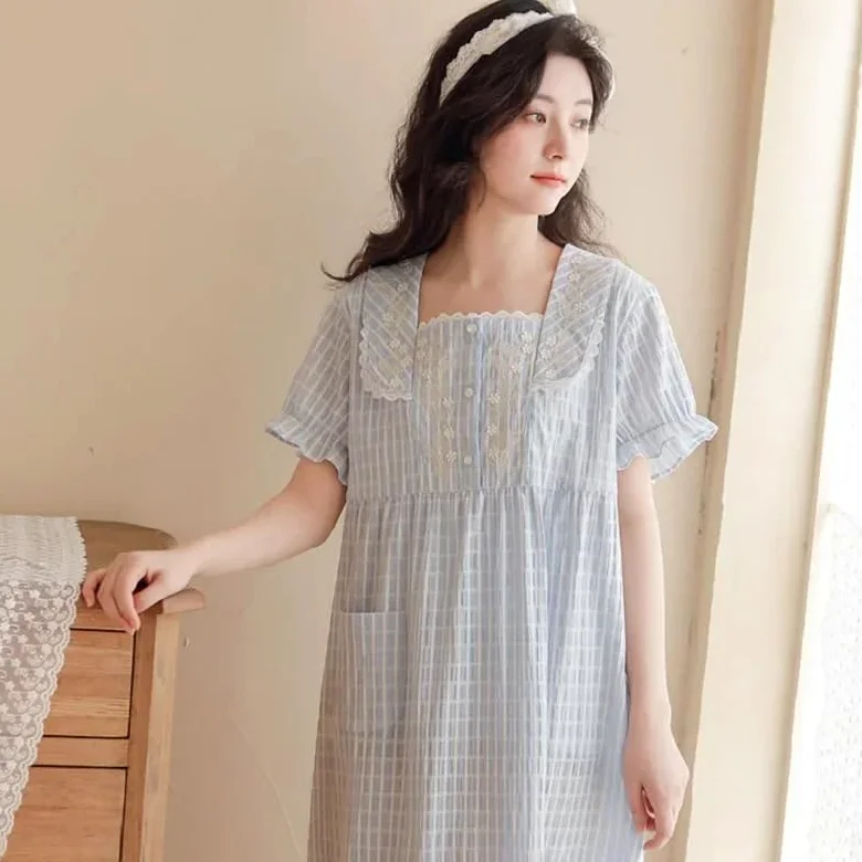 OFFSUM Camisón De Pijama De Mujer - Ropa De Dormir A Cuadros De Algodón Dulce De Verano Bata De Baño De Lencería con Temperamento De Talla Grande con Bordado De Encaje Y Cuello Cuadrado A La Moda