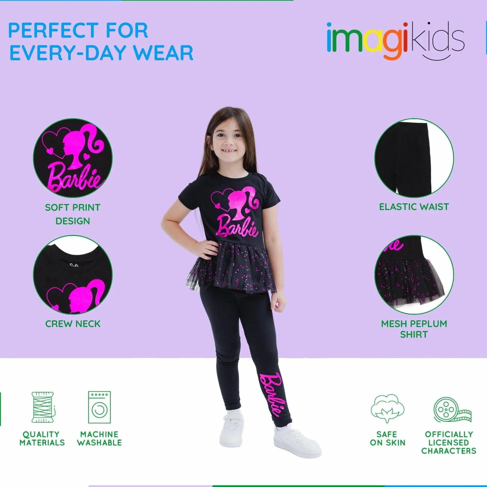 Barbie Camiseta y pantalones peplum con estampado metálico para niñas pequeñas y grandes