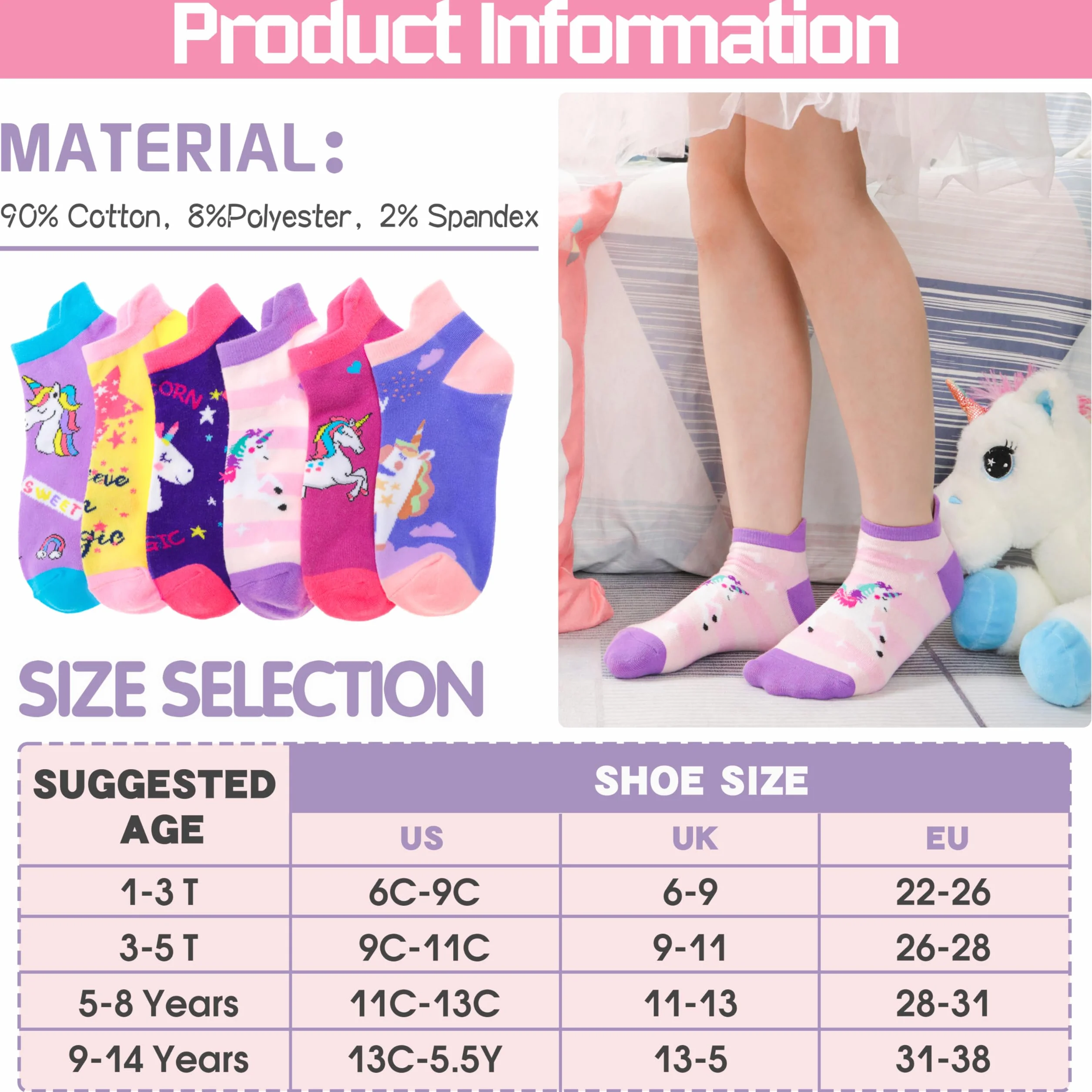 ANTSANG Niños Niñas Calcetines Tobilleros Lindo Unicornio Divertido Novedad Extraño Dibujos Animados No Show Moda Algodón 6 Pares