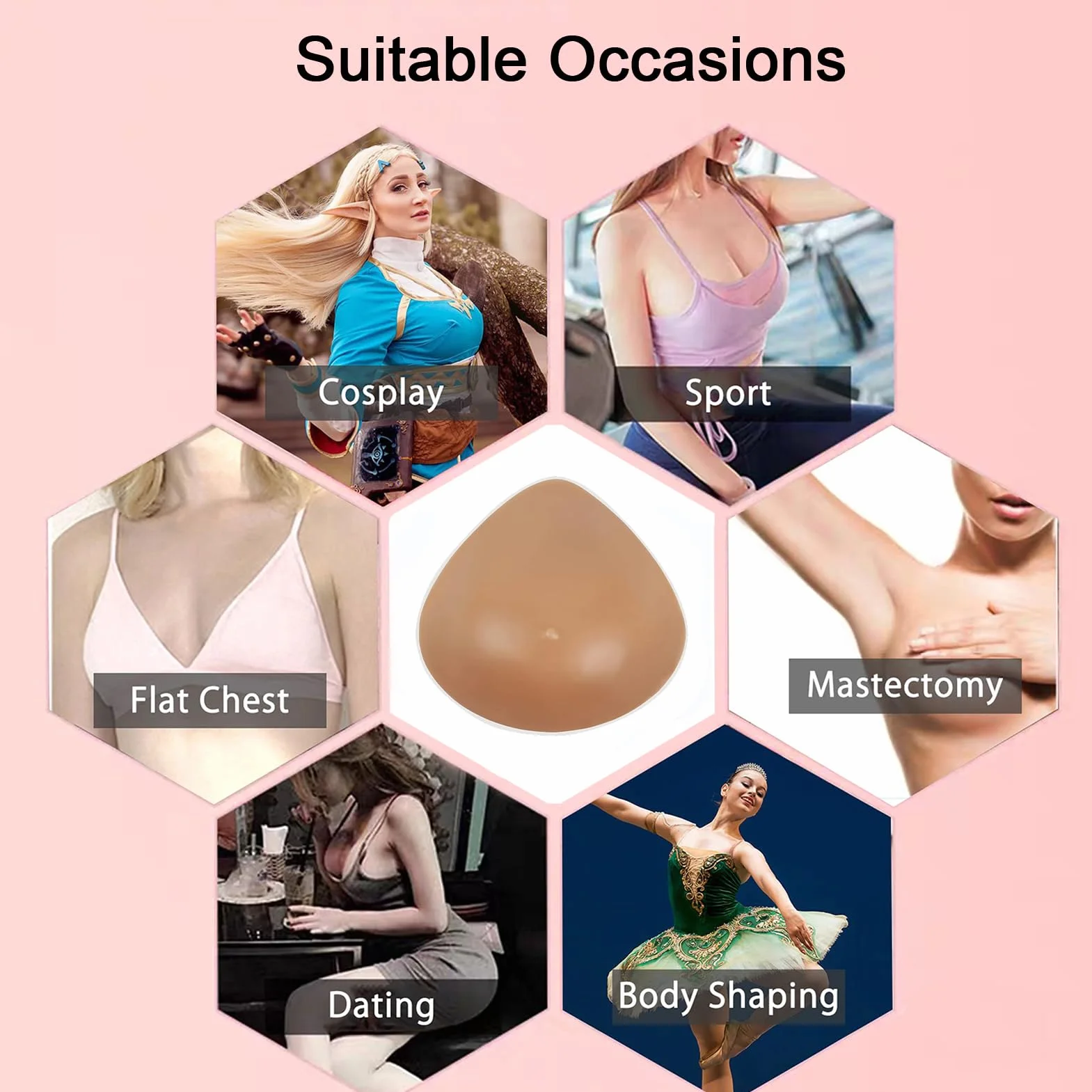 Prótesis Mamarias De Silicona Rellenos para Sujetadores Triangulares Autoadhesivos para Mastectomía Personas Transgénero Y Cosplay(1200g/pair, Suntan)
