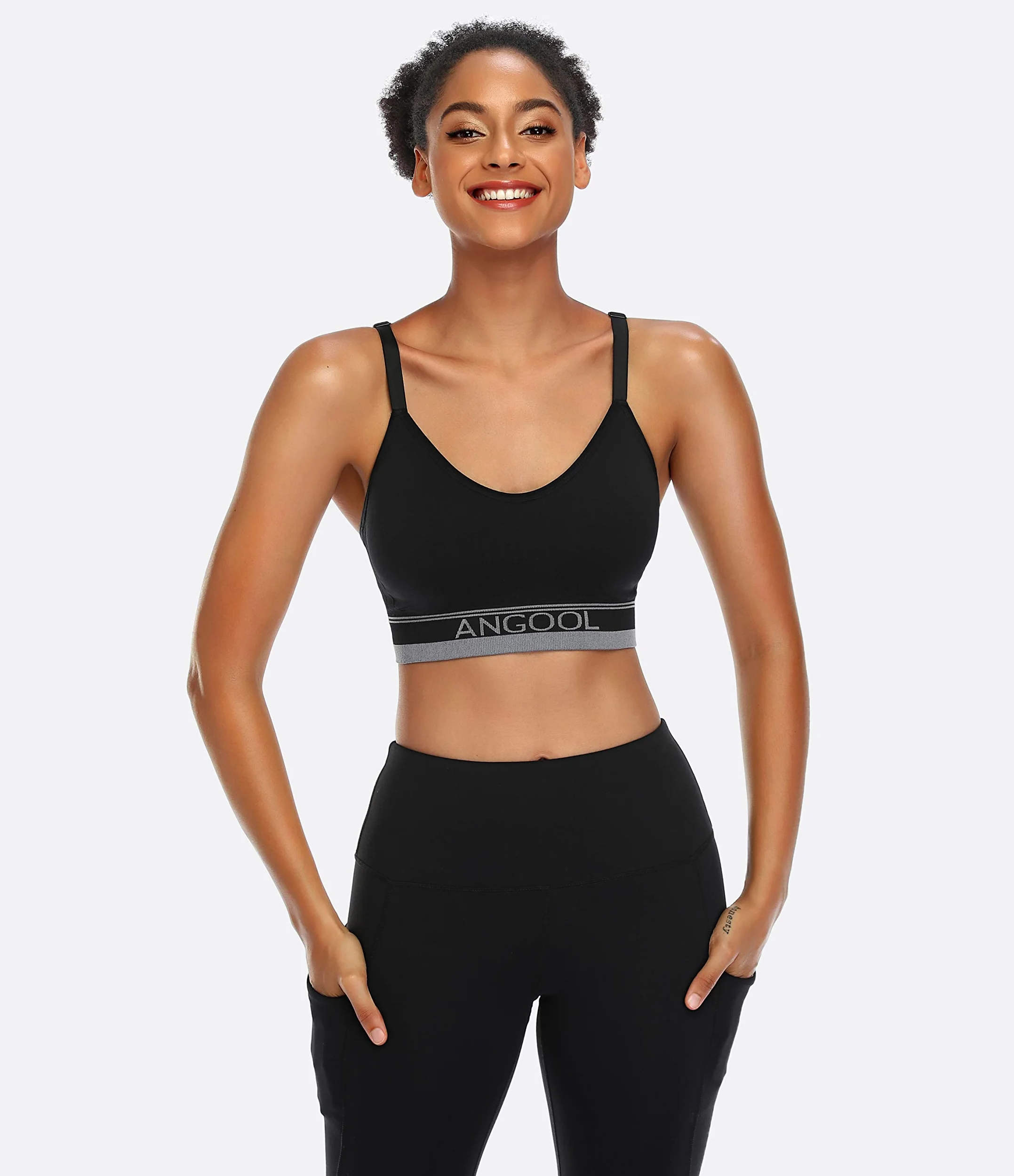 ANGOOL Sujetador Deportivo para Mujer con Correas Ajustables sin Costuras Copa Extraíble Correas de Hombro Cruzadas para Yoga Fitness Correr