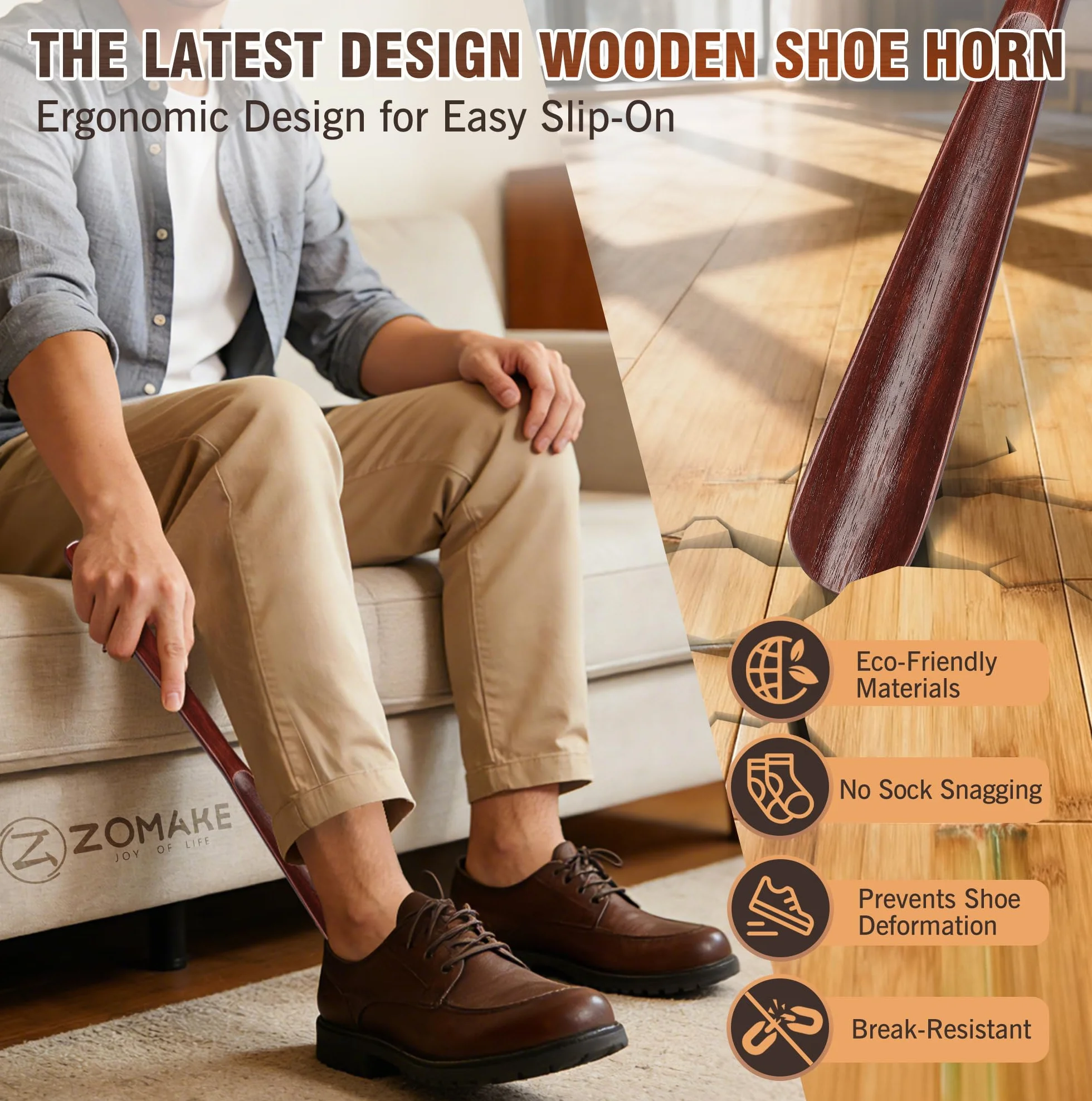ZOMAKE Calzador de Zapatos Madera 38 cm 40 cm 70 cm Mango Largo