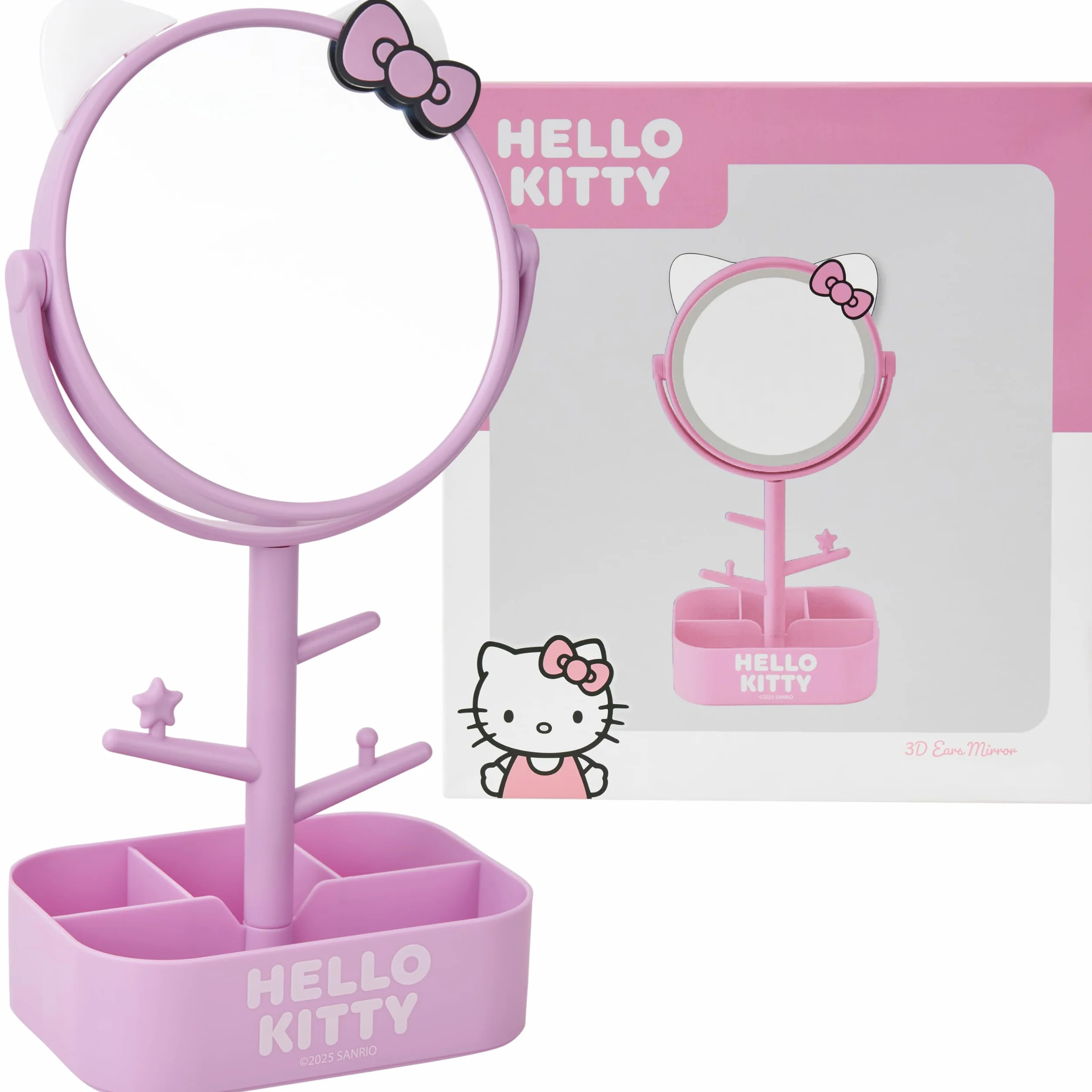 Hello Kitty Sanrio Espejo Tocador Maquillaje Niña con Bandeja Joyas y Soporte Accesorios, Espejo Redondo Decorativo con Orejas 3D, Regalo Original (Rosa)