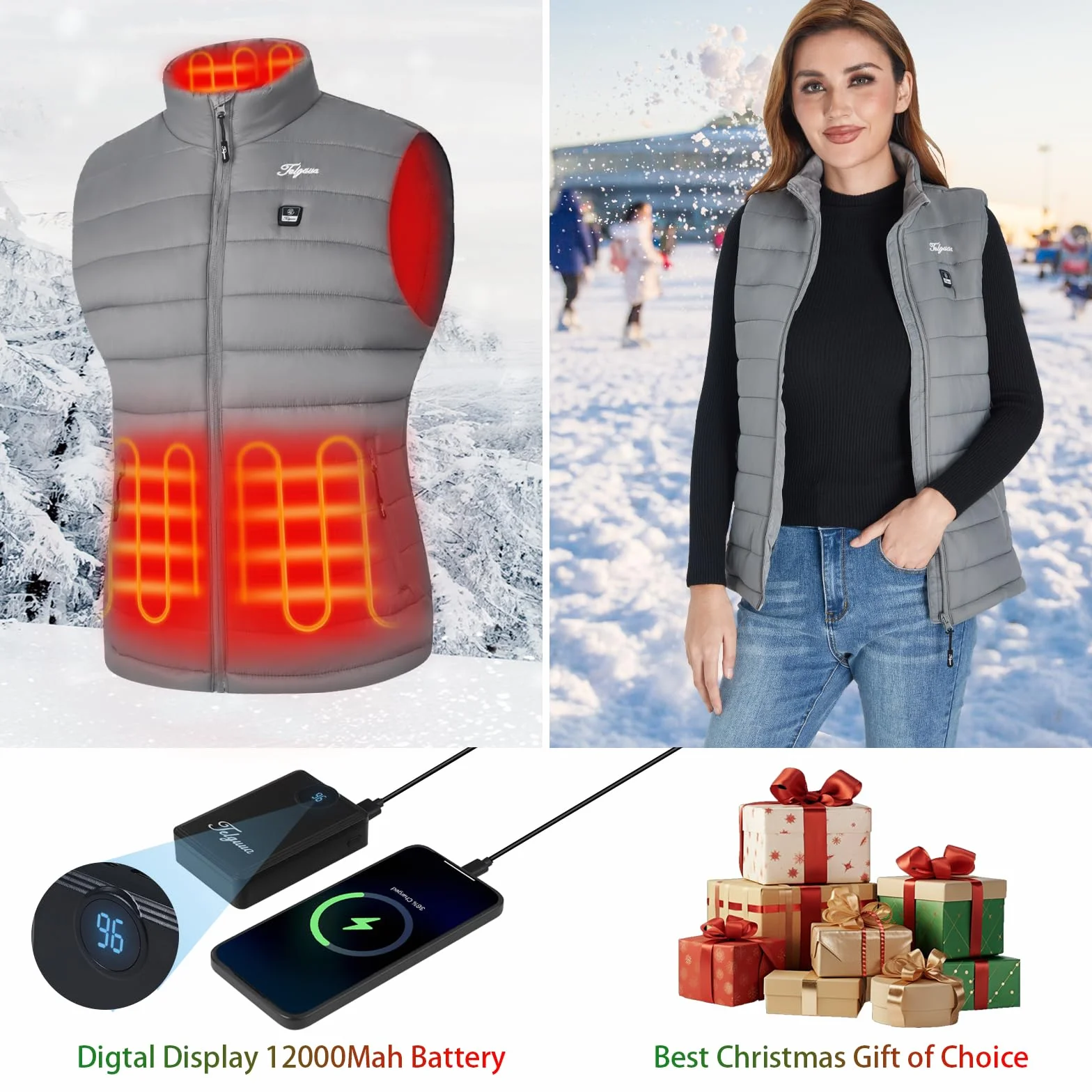 Telguua Chaleco Calentado Mujer 12000mAh 5V, 3 Niveles de Temperatura, Ropa Calefactable Eléctrica Invierno