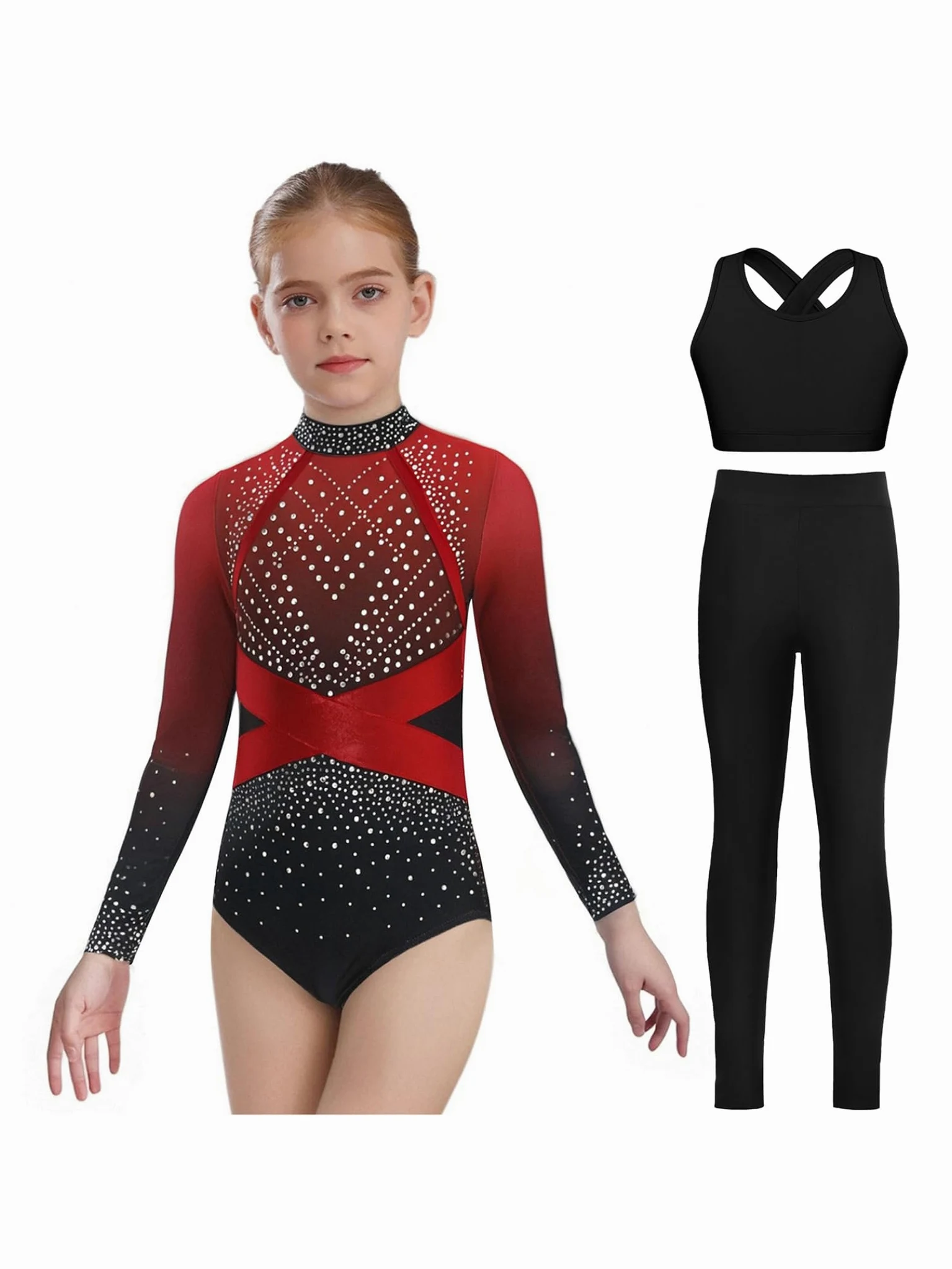 Piezas De Traje De Gimnasia Con Destellos Para Niñas Leotardos De Gimnasia De Manga Larga Tops De Deporte Brasier Y Pantalones Traje De Baile Para Rojo 5-6 años