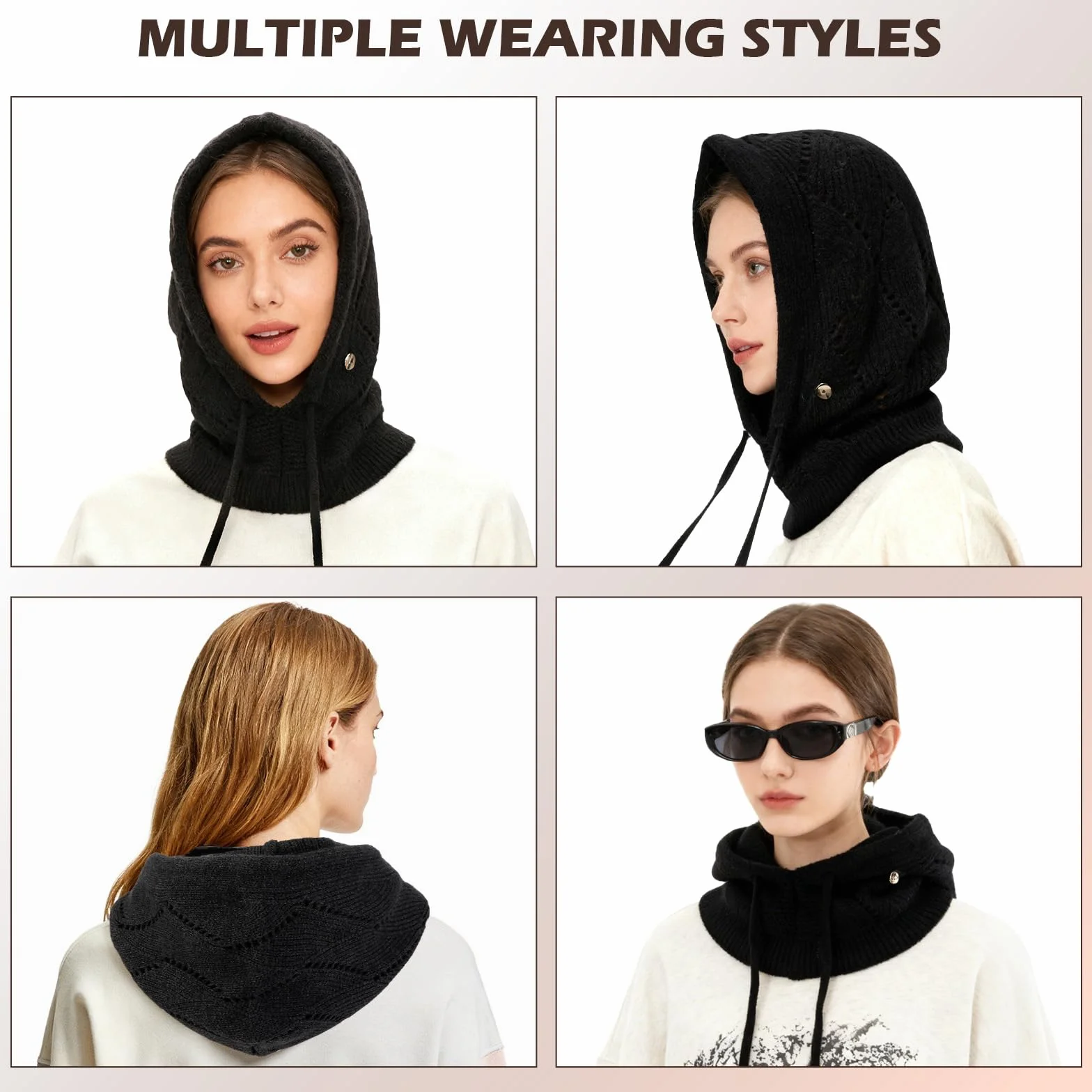 Mujer Invierno Gorro de Punto y Bufanda con Capucha, 2 en 1 Térmicos Prueba de Viento Ajustable Pasamontañas, Moda Ocio Pullover Calentador de Cuello para Deportes al Aire Libre Diario Correr