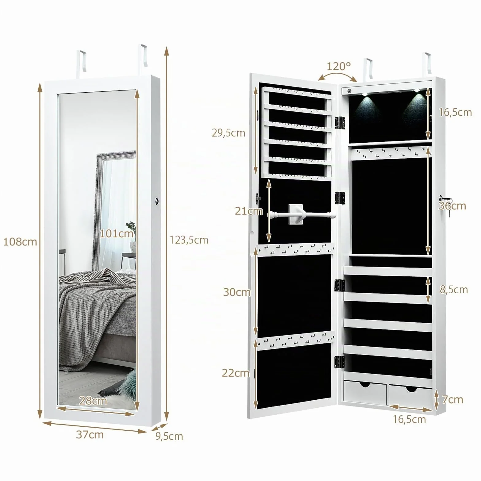 GOPLUS Armario Joyero, Espejo Joyero de Pared, con Luces LED y Cierre, llaves, Almacenamiento para Pendiente Collar, Organizador de Maquillaje con Espejo y 2 Cajones (Blanco, 108 x 37 x 9,5 cm)