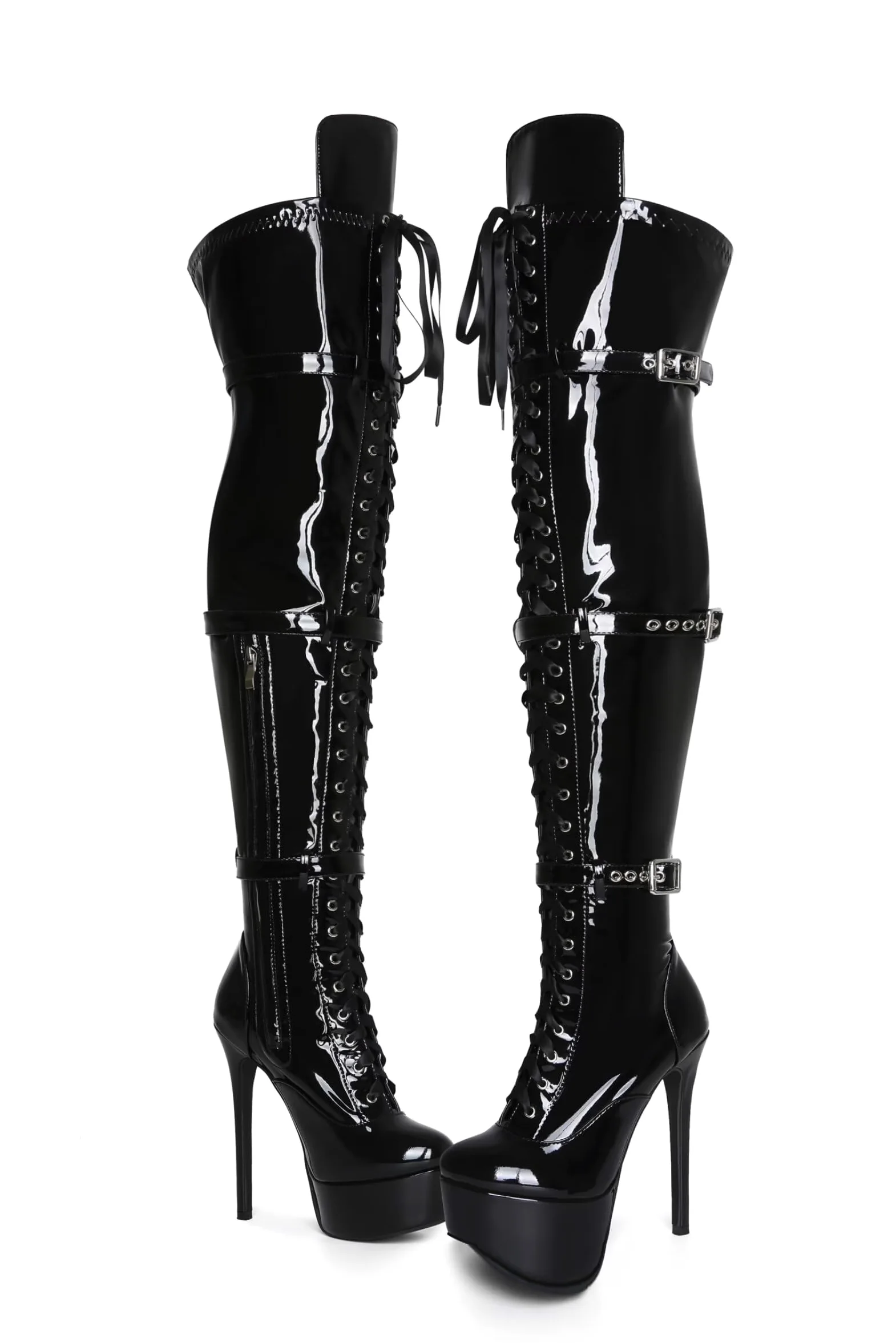 Frankie Hsu Botas largas de tacón alto con plataforma de aguja sexy por encima de la rodilla, cinturón de cinta de charol negro, elástico ajustable, muslo, talla grande, talla grande US5-19, zapatos