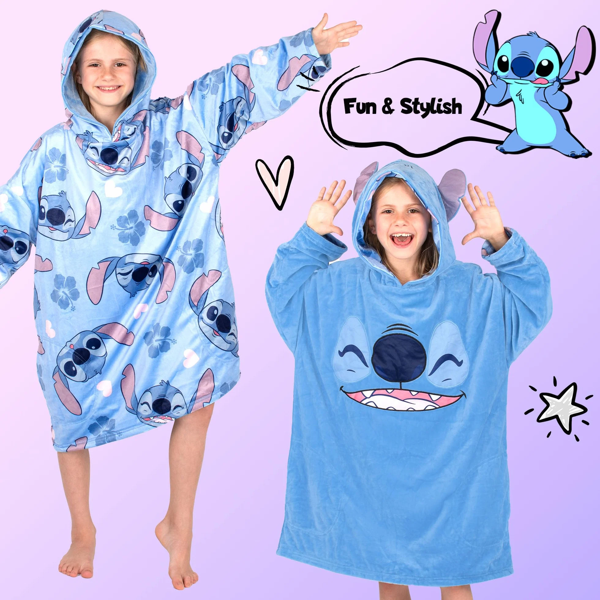 Disney Stitch - Manta reversible con capucha de gran tamaño para niños, súper suave, de doble cara, forro polar, regalo para niñas, talla única, color azul