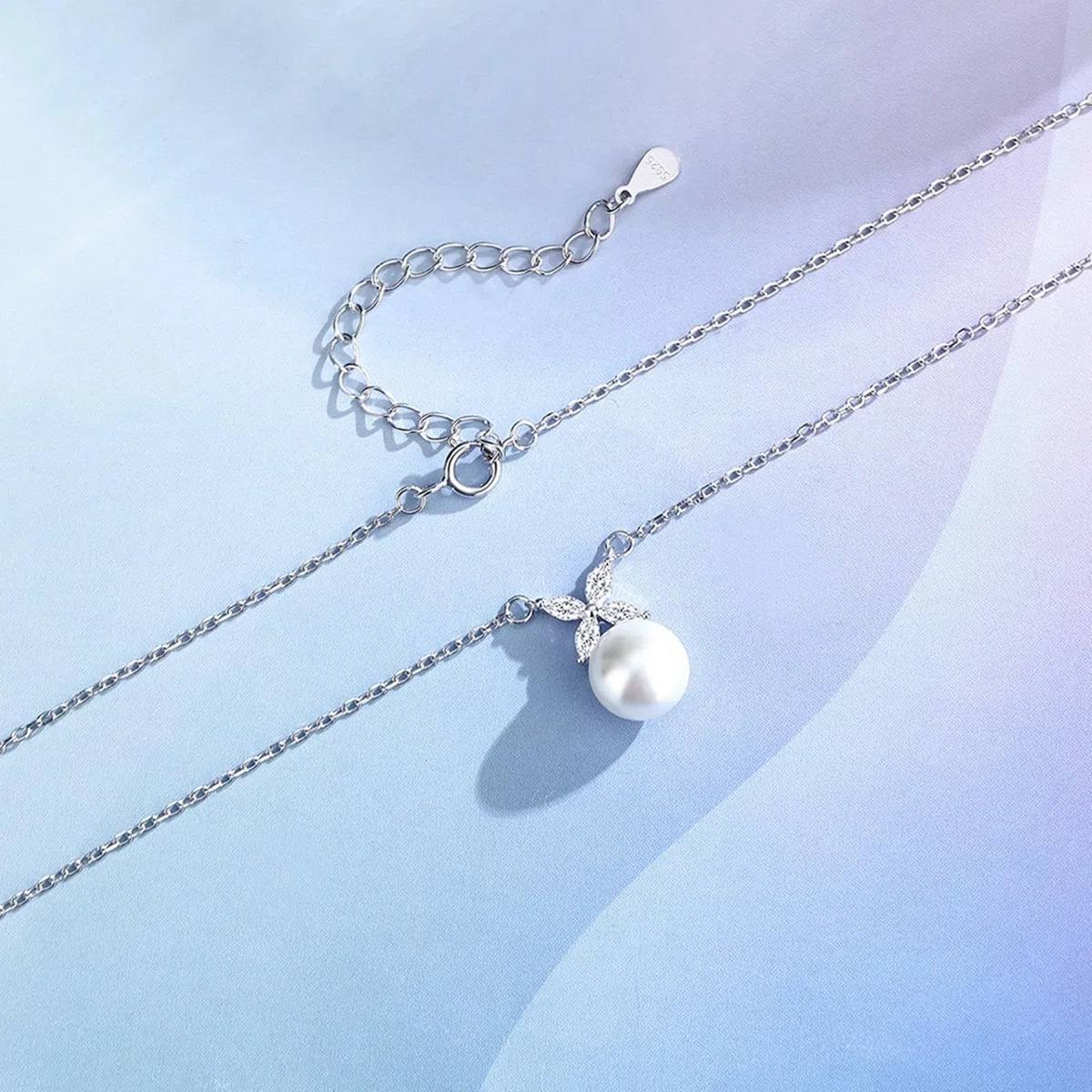 Collar de oro blanco para mujer, flor de moissanita y colgante de perlas de 8 mm, collares con colgante de 40 + 5 cm