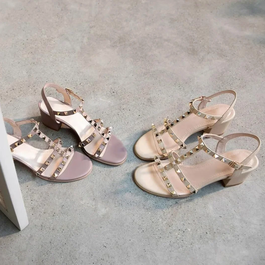 Sandalias punk con hebilla y correa al tobillo para mujer, tacón cuadrado, con tachuelas, de cuero, tachuelas, para oficina, carrera, tacón alto