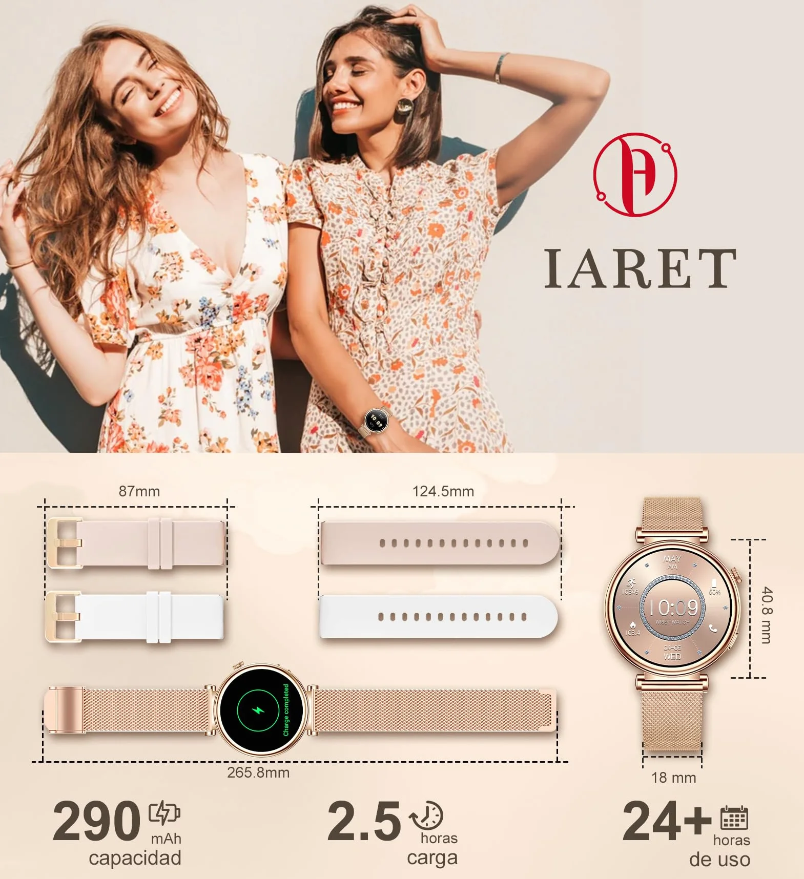 Reloj Inteligente Mujer Pequeño, Smartwatch Mujer Redondo 1.27" 41mm con Llamadas, 3 Correas, Pulsera Actividad con 100+ Modos Deportivos Pulsómetro Sueño Cuenta Pasos para Android & iPhone, Rosa Oro