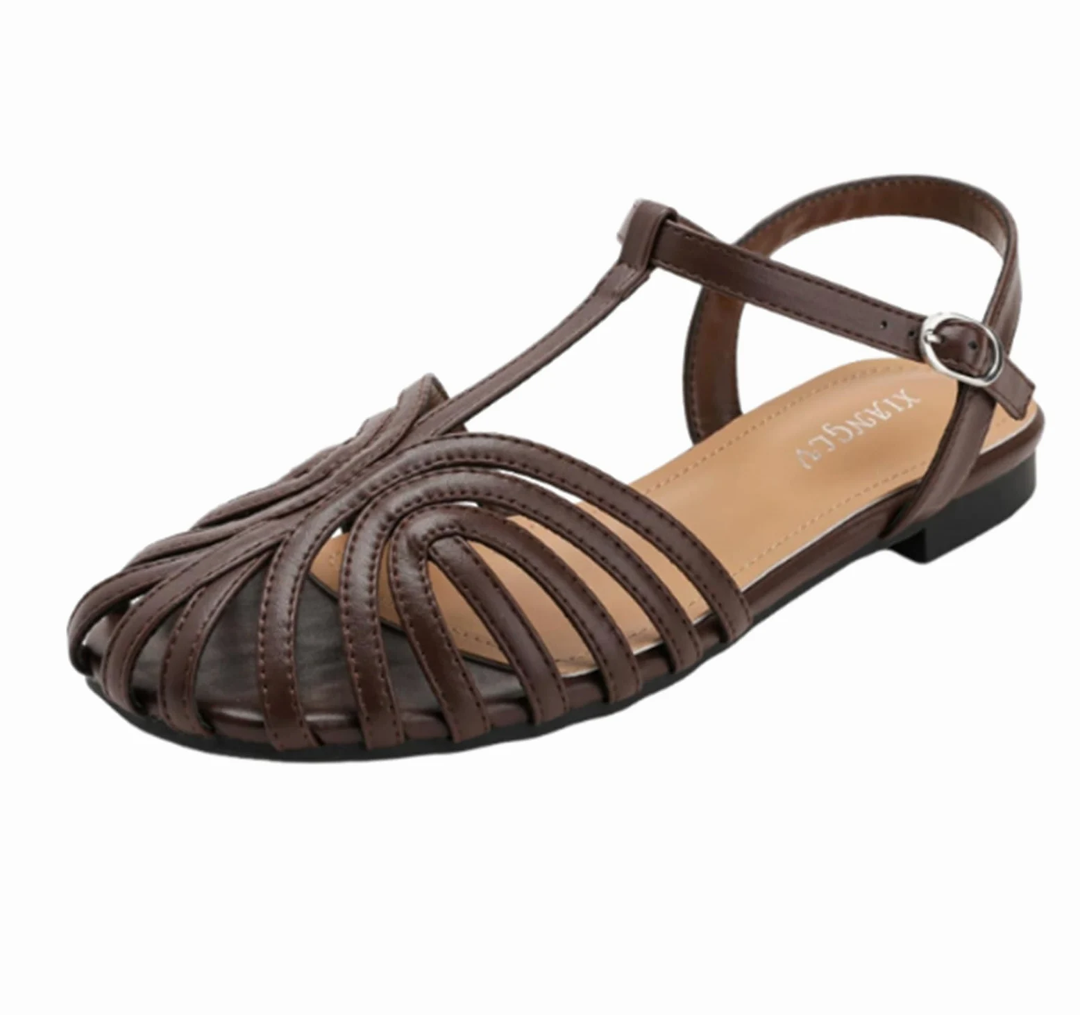 EFLALYHG Sandalias Planas Romanas Cerradas para Mujer, Sandalias con Tira en T y Hebilla Ajustable en el Tobillo, Zapatos Planos Casuales de Verano,Café,42