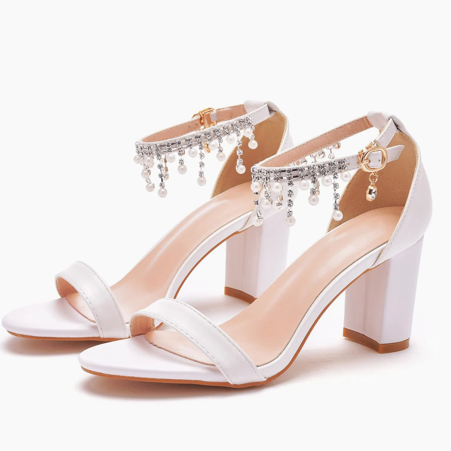 Genérico Zapatos De Boda para Mujer, Sandalias De Tacón Grueso con Cuentas | Tacones De 7 Cm De Altura, Hebilla Con Puntera Abierta, Para Banquete De Bodas (White 38 EU)