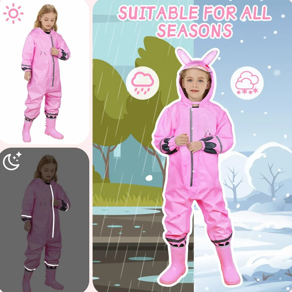 Impermeables para Niñas, Encapuchado Mono de Bolsillo, Reutilizable Lluvia Reflectante, Dibujos Animados Estampados Chaqueta Lluvia, Chubasqueros Chaquetas Ligero Capa de Lluvia