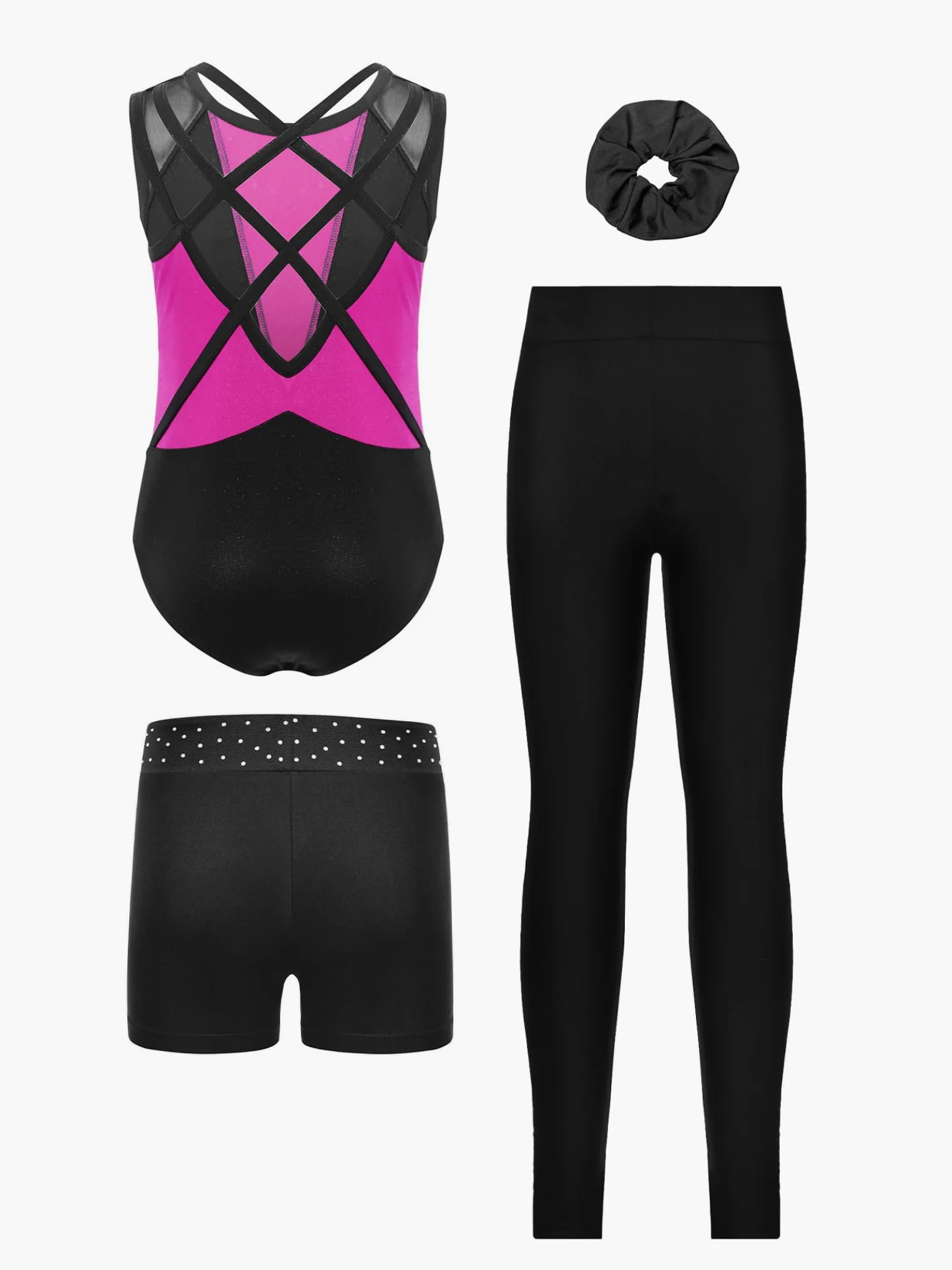 Piezas De Traje De Gimnasia Para Niñas Con Brillo Con Pantalones Cortos Moño Para El Cabello Bodysuit De Gimnasia Traje De Competición Y De Baile