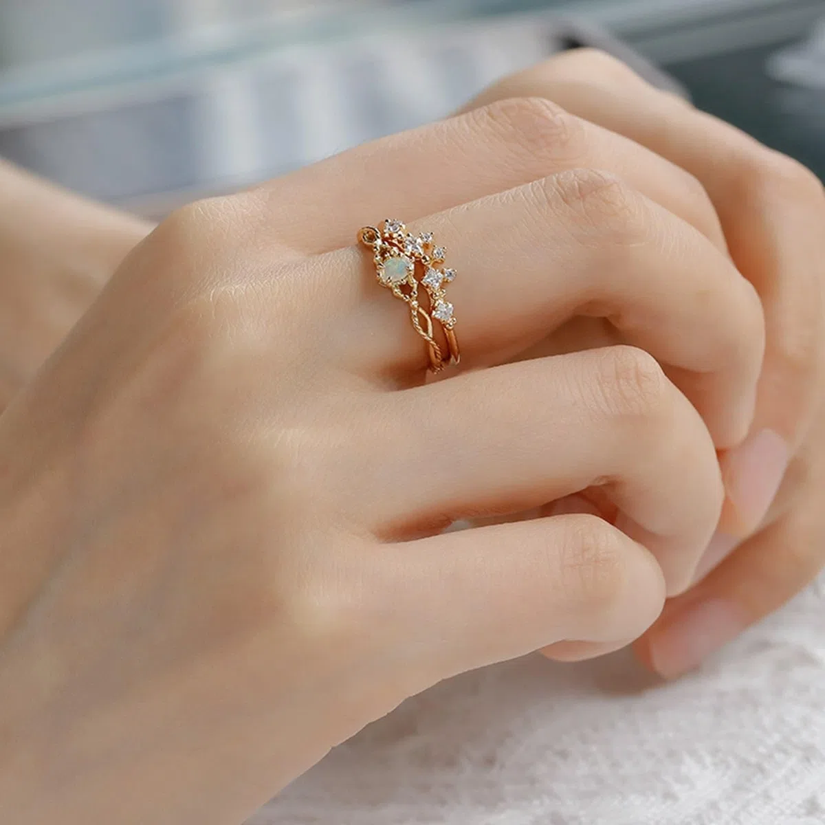 Alianzas de boda de oro auténtico, 9 K/14 K/18 K con ópalo ovalado, anillo de boda vintage delicado