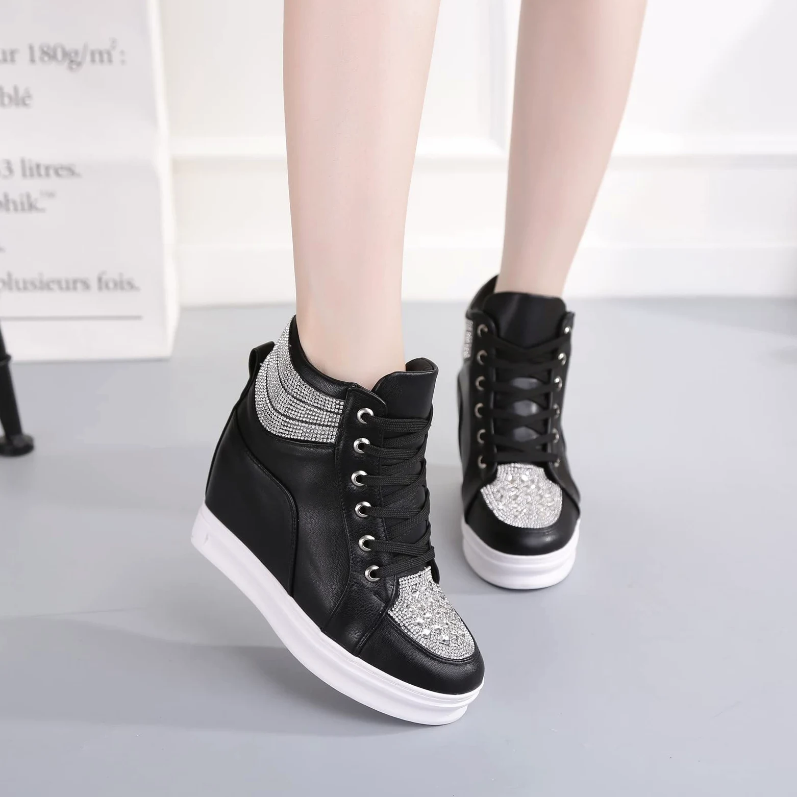 rismart Plataforma Botines Mujer Brillantina High-Top Moda Cuñas Zapatillas con Cordones