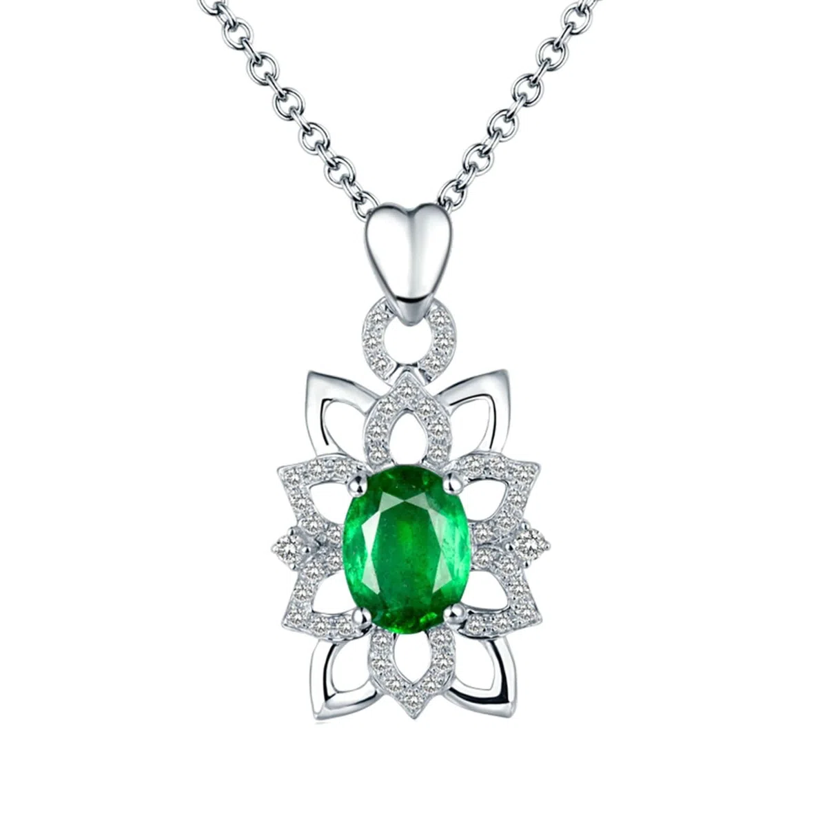 Delicado collar para mujer, 1,3 quilates creado en laboratorio, esmeralda ovalada y forma de flor con circonita cúbica de 0,23 quilates, oro de 18 quilates/plata de ley 925, collares con colgante para