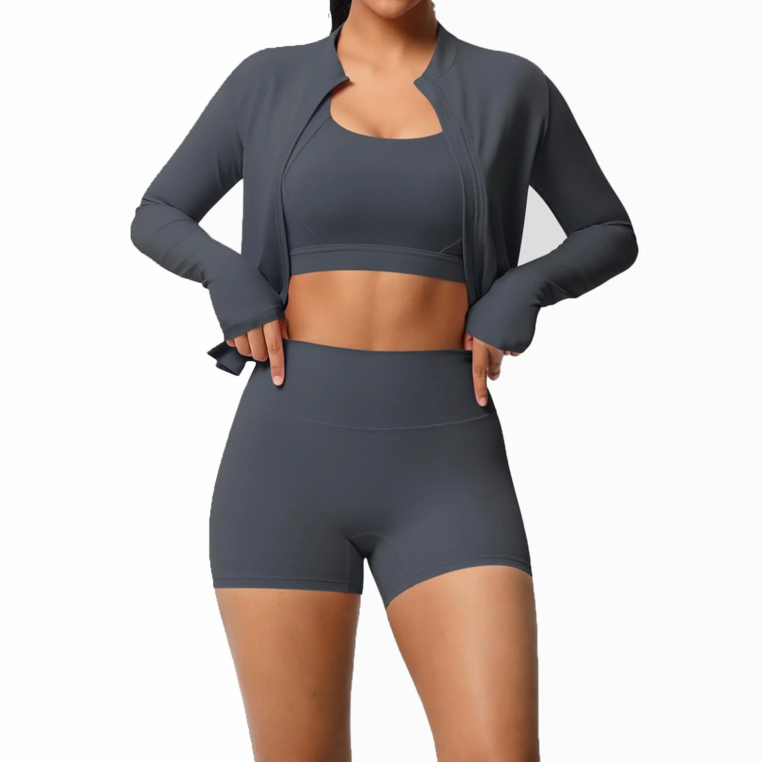 Generisch Conjunto de deporte para mujer, conjunto de yoga cepillado, chaqueta deportiva informal, para correr, fitness y yoga, tres piezas
