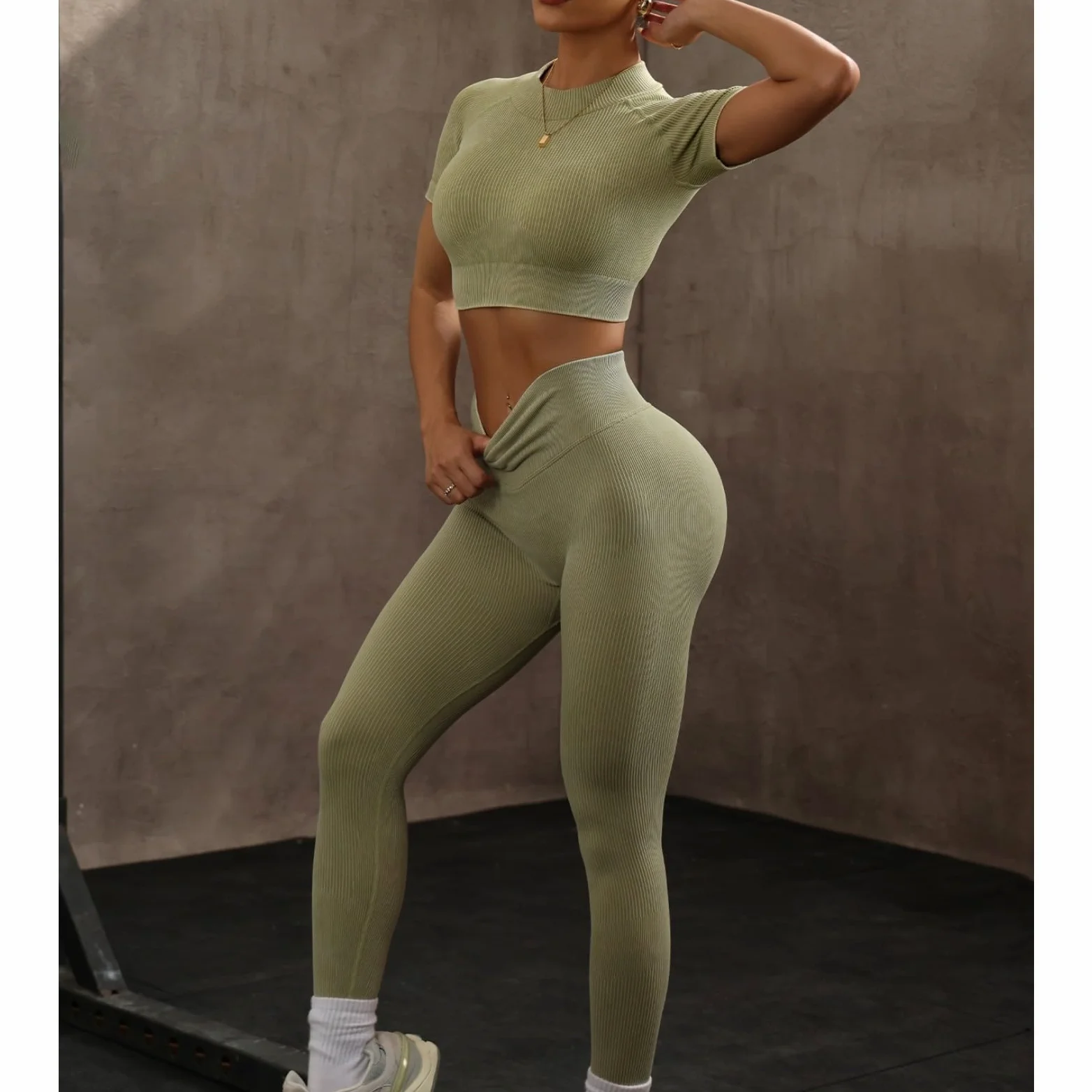 KIRYU Conjunto de ropa deportiva acanalada sin costuras de 2 piezas para mujer, camiseta corta de manga corta y leggings de cintura alta, gimnasio, yoga, entrenamiento