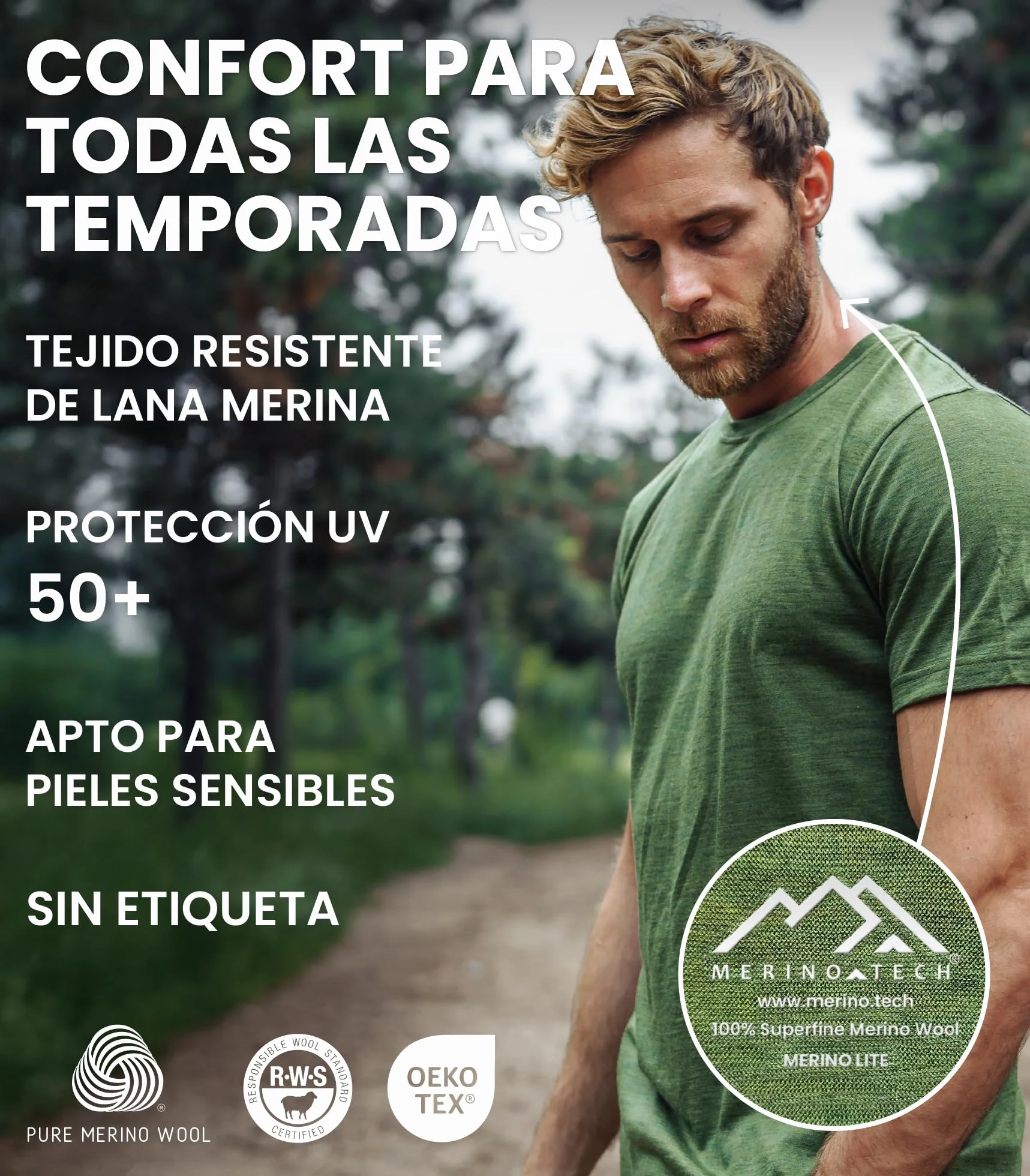 Camisetas Interiores de Merino para Hombre (Cloud, M)