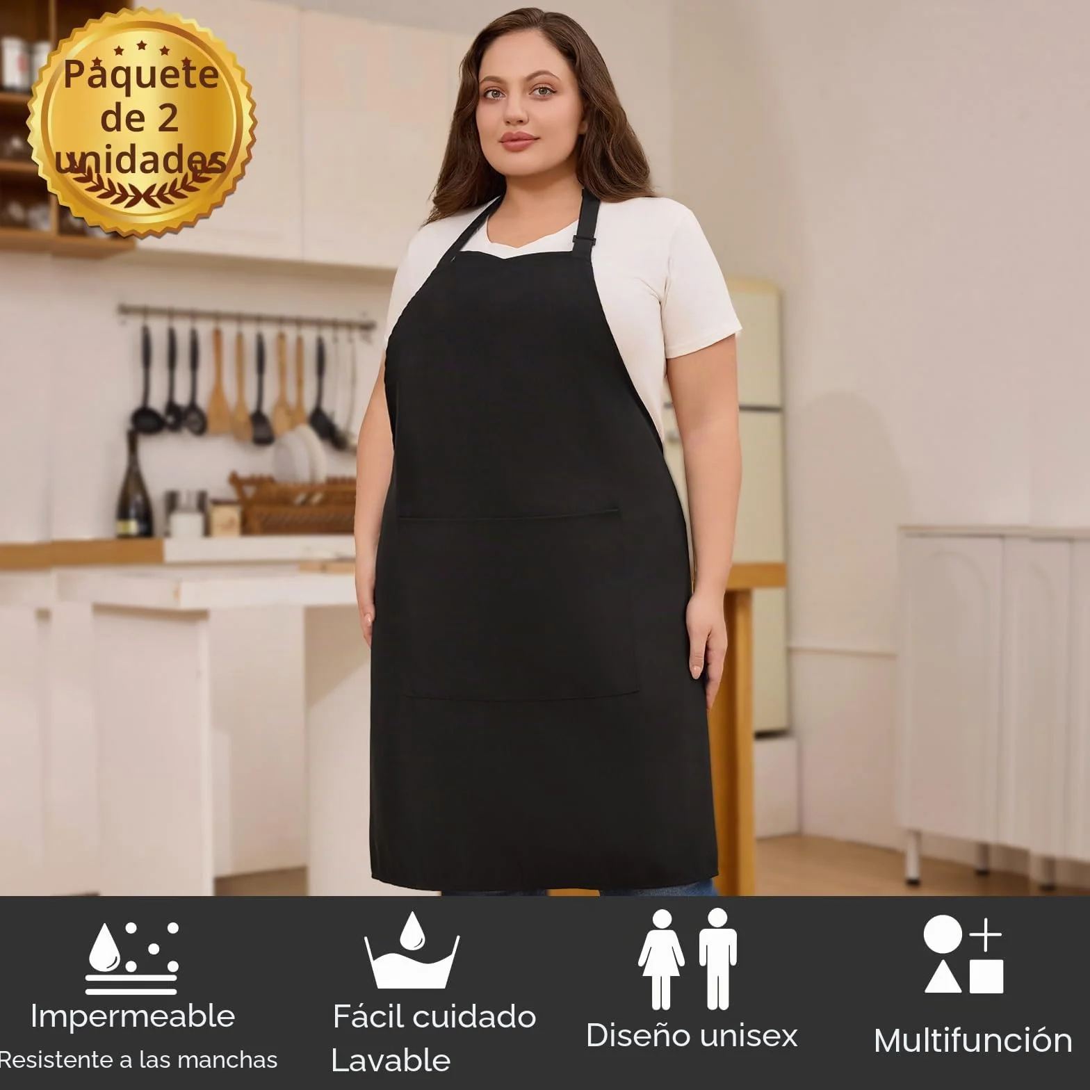 2 Pcs Grande Talla Delantales, Chef Delantal, Delantal con 2 Bolsillo para Cocinar, Trabajo, Delantal para Camarero