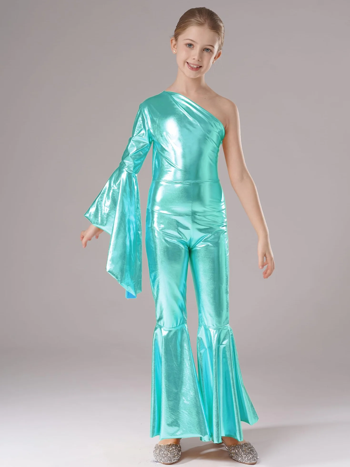Hedmy Mono Brillante Baile Niña Manga Larga de Campana Mono Largo de Gimnasia Rítmica Metalizada Disfraz Abba-Disco Animadora Rendimiento 5-16 Años