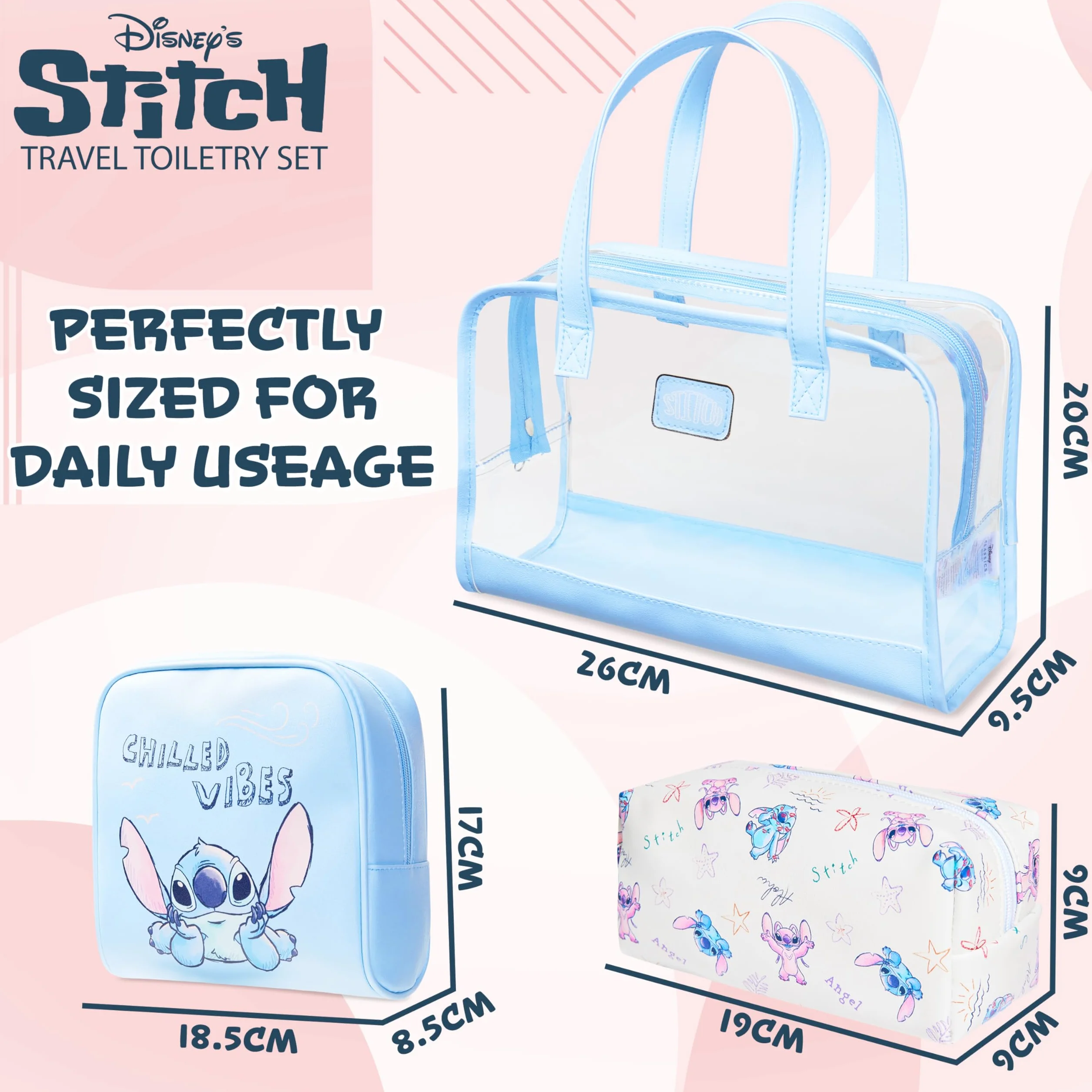 Get Trend Disney Stitch Neceser Mujer y Niña, Set de 3, Neceser Maquillaje, Bolsa de Cosméticos y Viaje Uso Diario, Regalo para Mujer Niña (Azul Stitch)