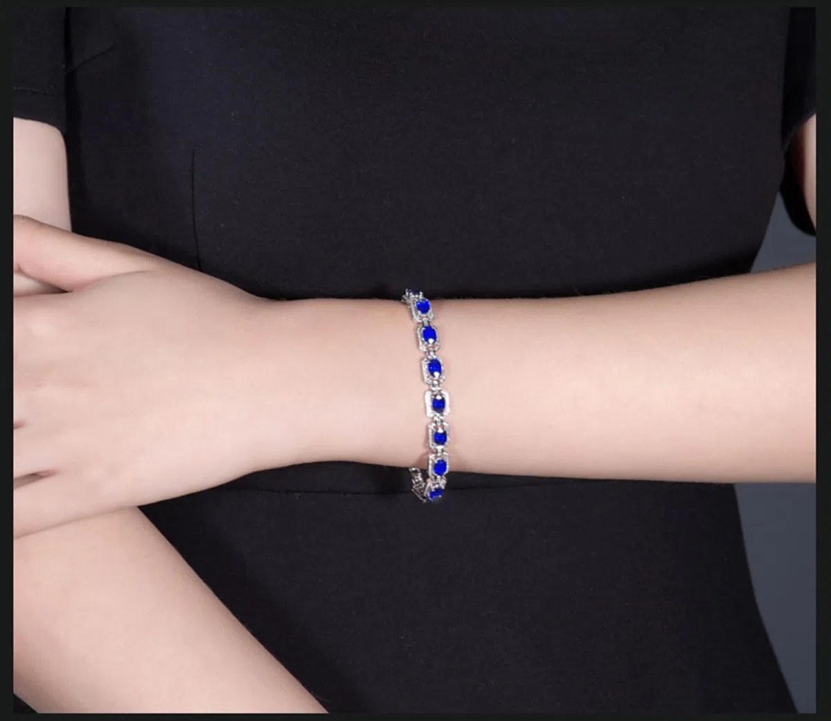 Pulseras de Mujer de Oro Blanco de 9Kilates / 14Kilates / 18Kilates, Rectángulo Oval con Zafiro Creado de 2,33 ct y Diamante, Cadena 16 CM, Pulseras de Cadena Plata Azul Verde Mujer