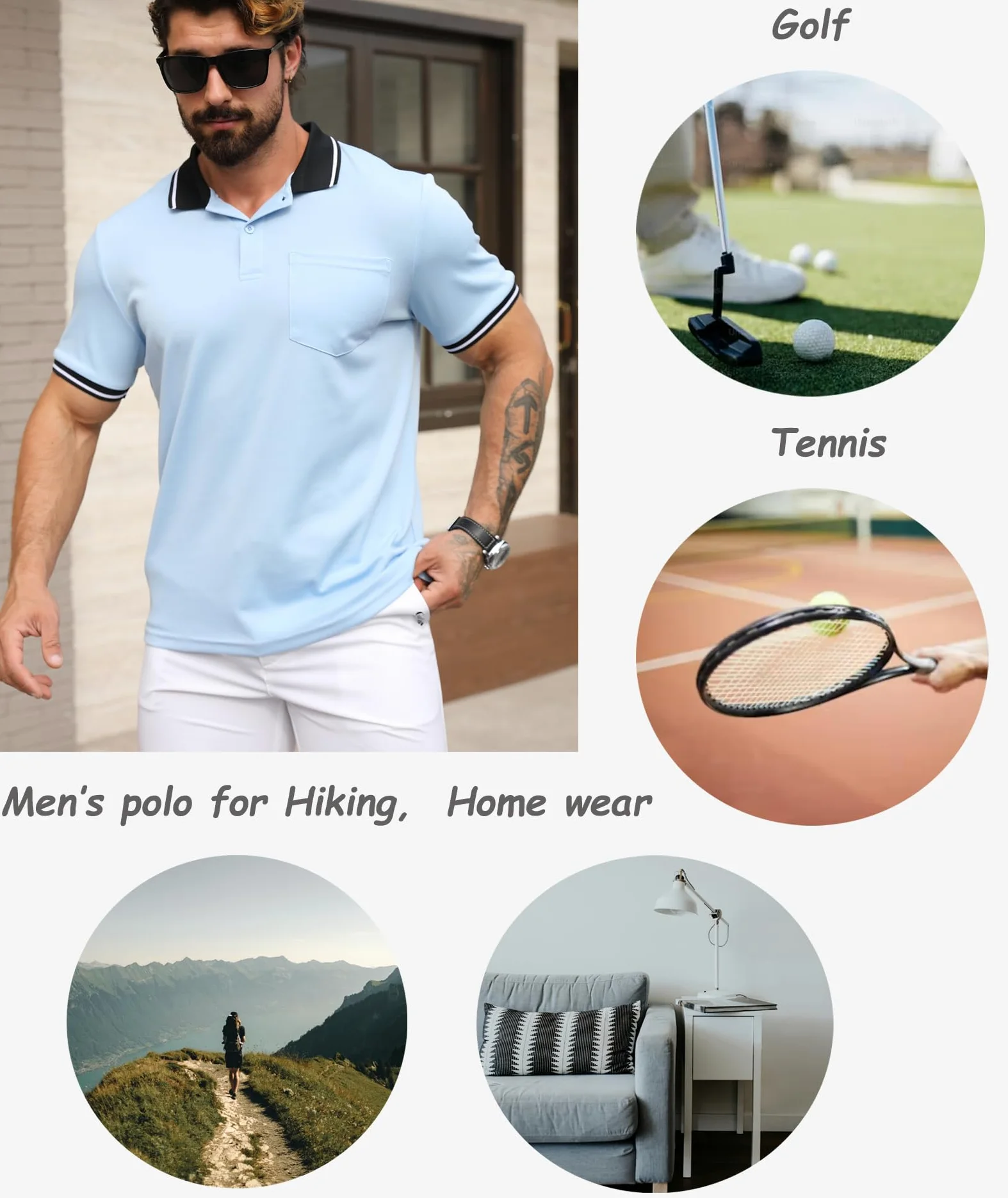 JACKETOWN Paquete de 5 polos de manga corta para hombre, ligeros, transpirables, para tenis, adultos, camisetas con cuello