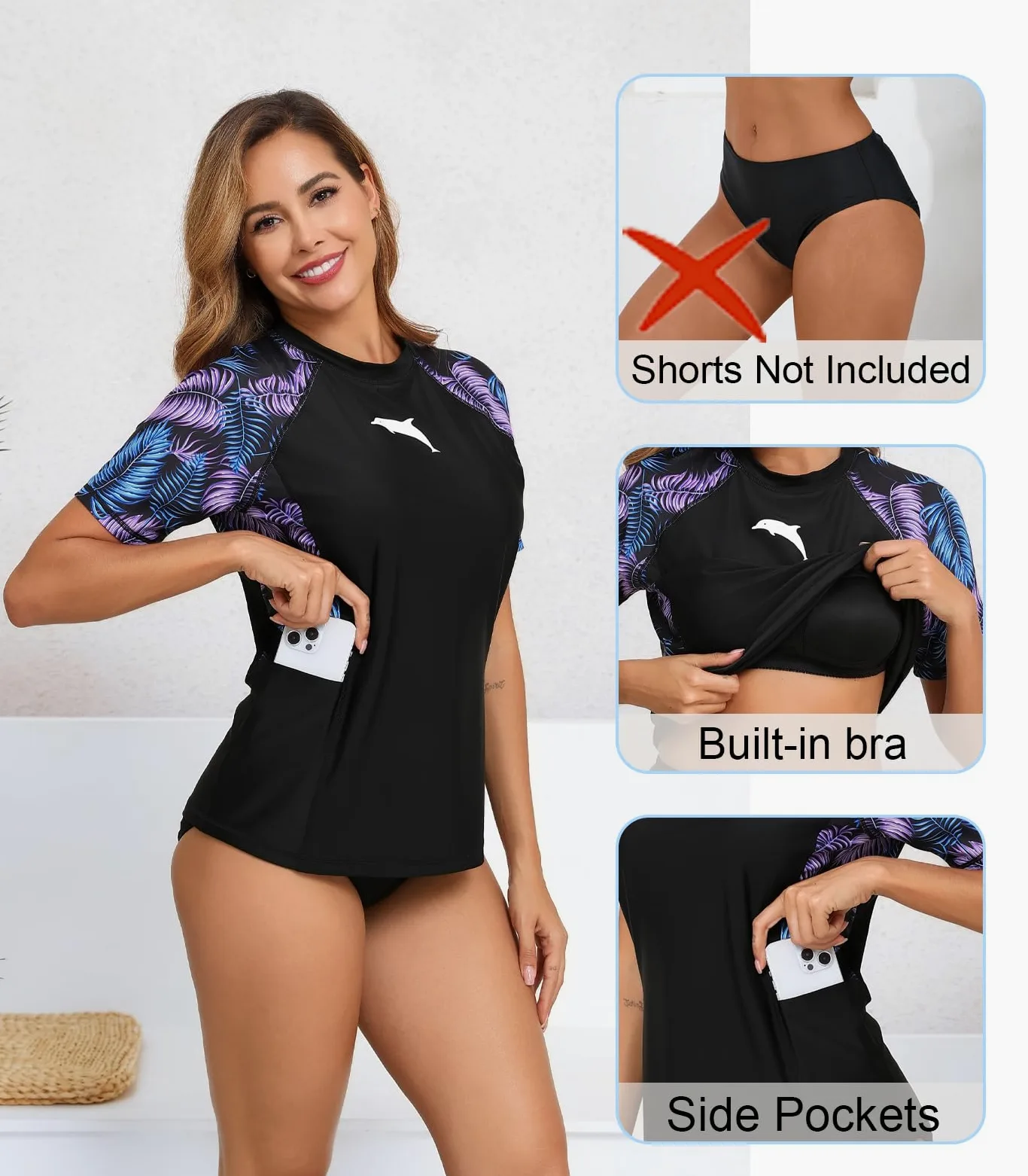 Halcurt Camiseta de manga corta para mujer con brasier integrado, bolsillos laterales, traje de baño UPF50+