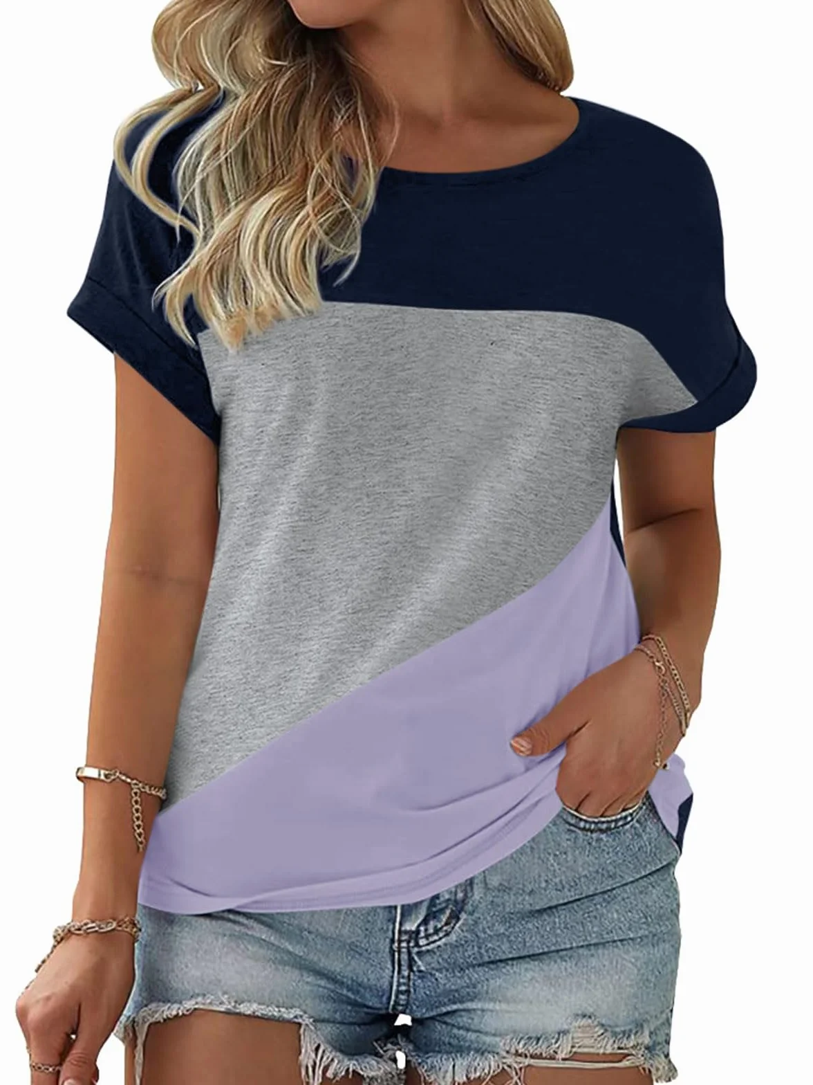 Fisoew Camiseta de manga corta para mujer, cuello redondo, bloque de color, camiseta informal, camiseta de verano, holgada, de algodón