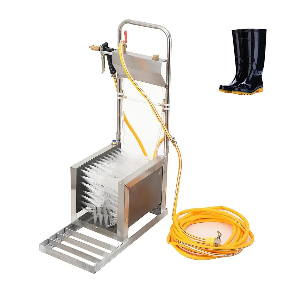 Limpiador de botas de granja resistente, limpiador de zapatos de acero inoxidable de 360° con spray de agua, perfecto para eliminar el barro en el jardín al aire libre
