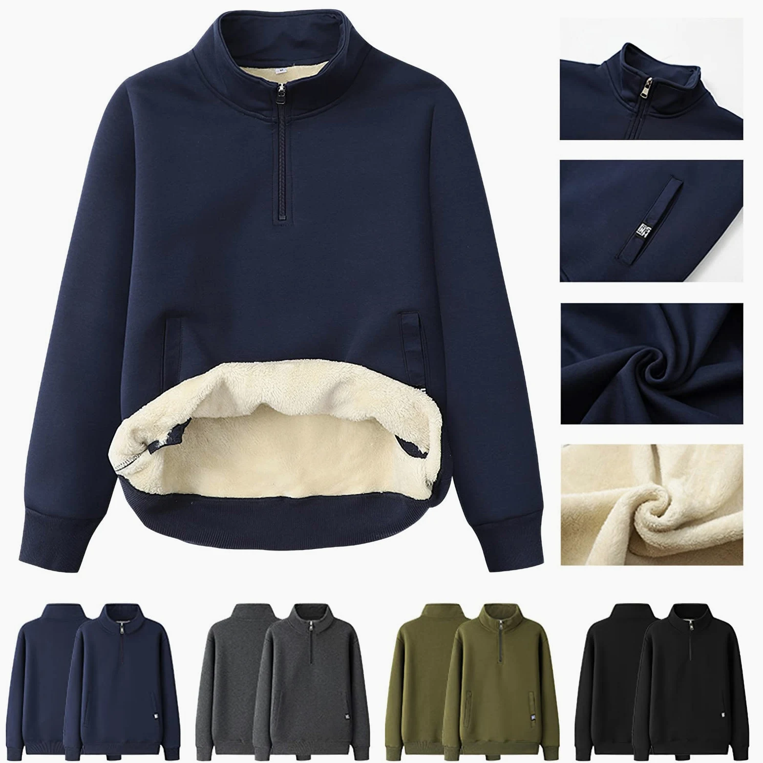 Hombre Invierno Cuello Alto Sudadera de Forro Polar con Media Cremallera Térmica Pullover Suéter con 2 Bolsillos