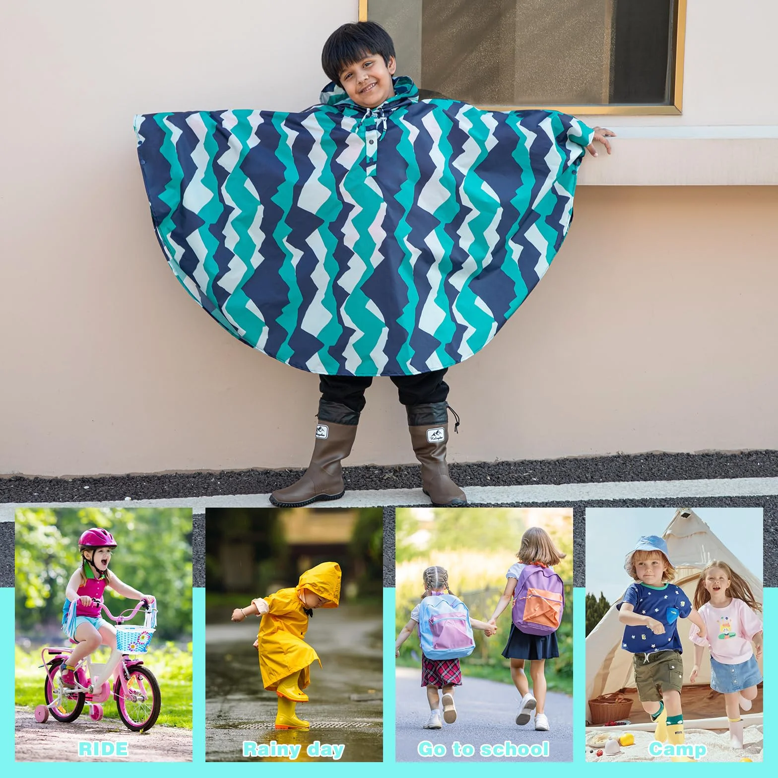 KAKU NANU Poncho Impermeable Chubasquero Niño Niña 3-14 Años Capa con Una Gran Capucha y Una Bolsa de Almacenamiento Amarillo Azul Rosa Rojo